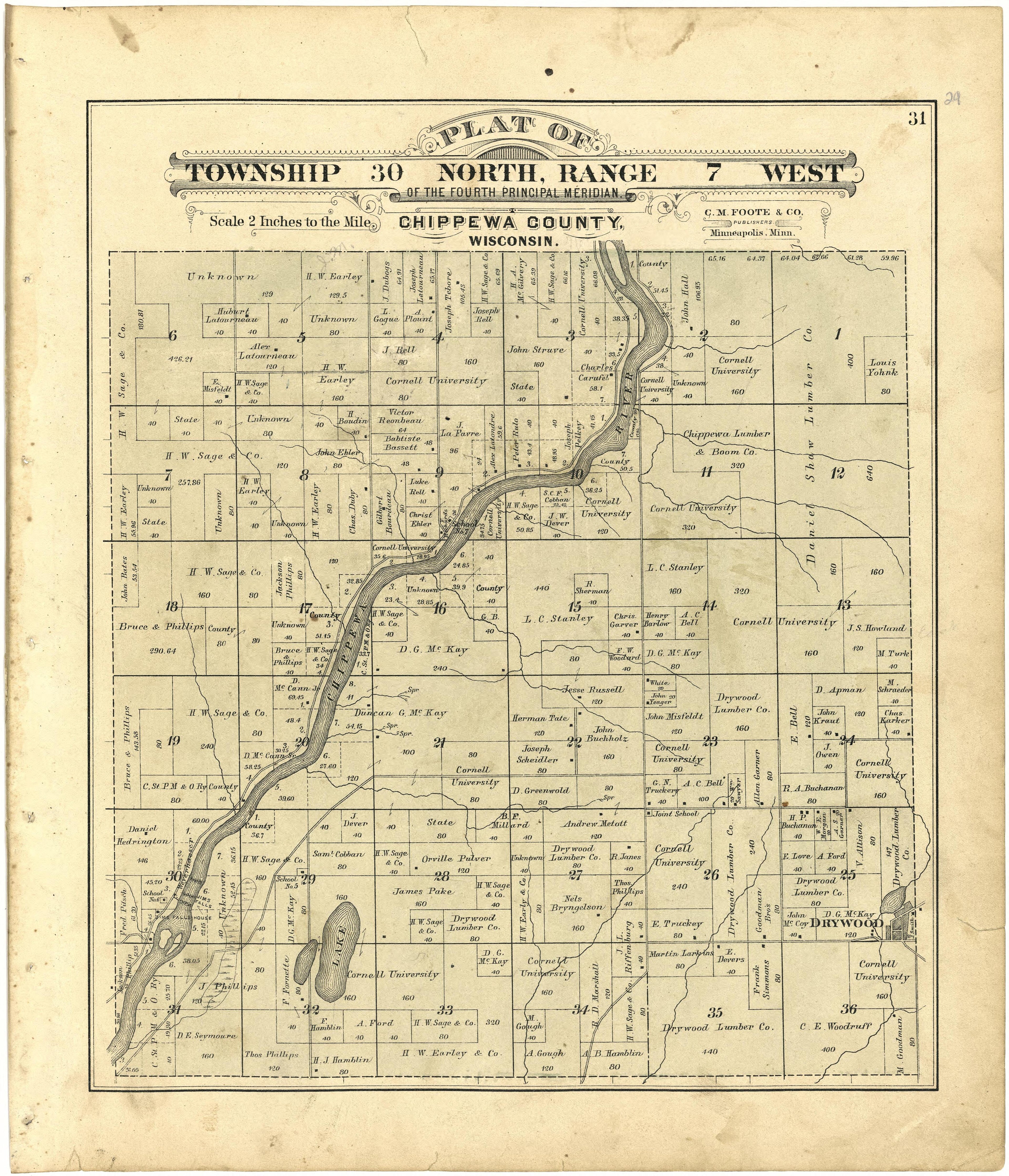 Plat of Township 30 North, Range 7 West from Plat Book of Chippewa County, Wisconsin 1888 by Relic Map Company