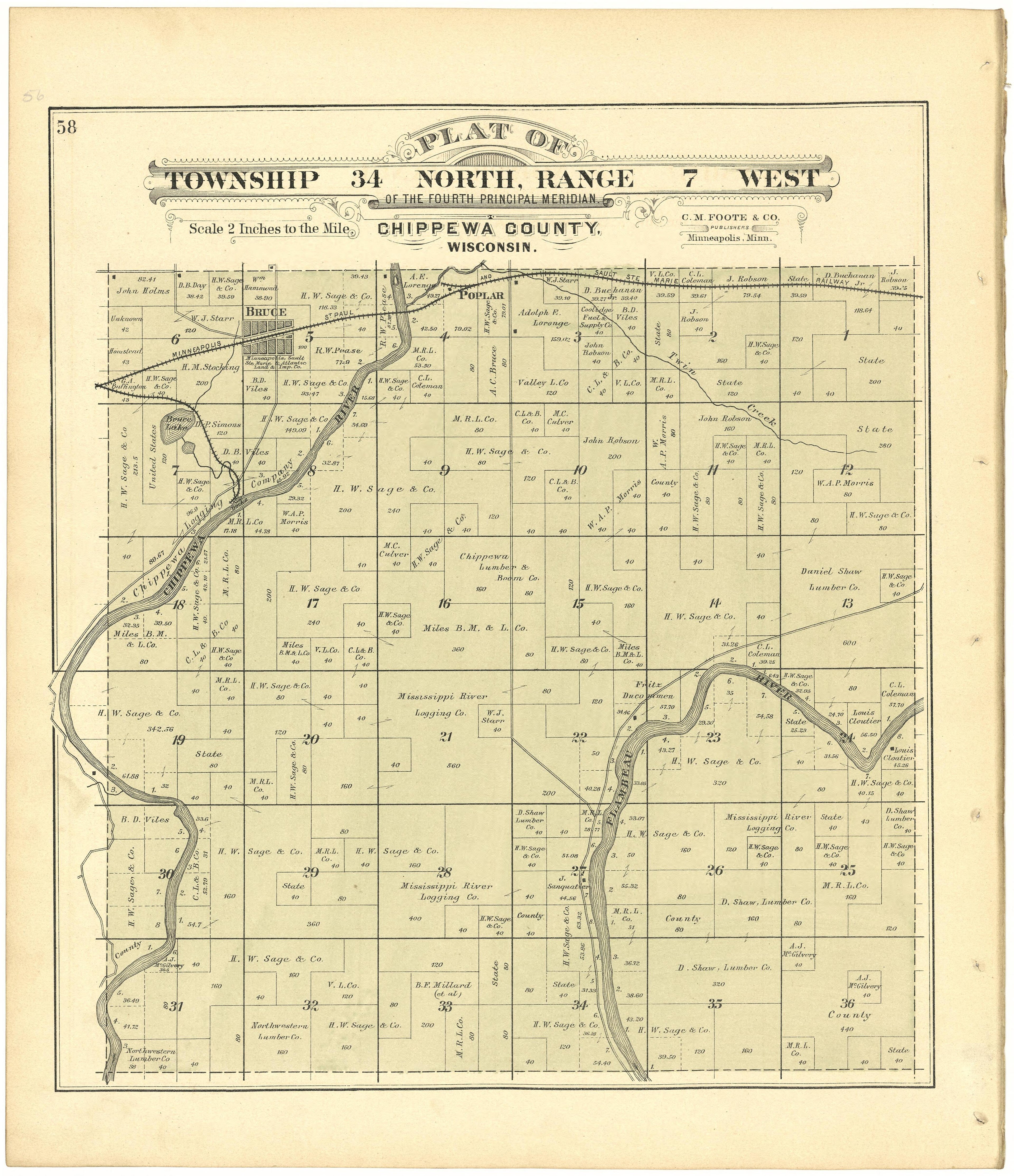 Plat of Township 34 North, Range 7 West from Plat Book of Chippewa County, Wisconsin 1888 by Relic Map Company