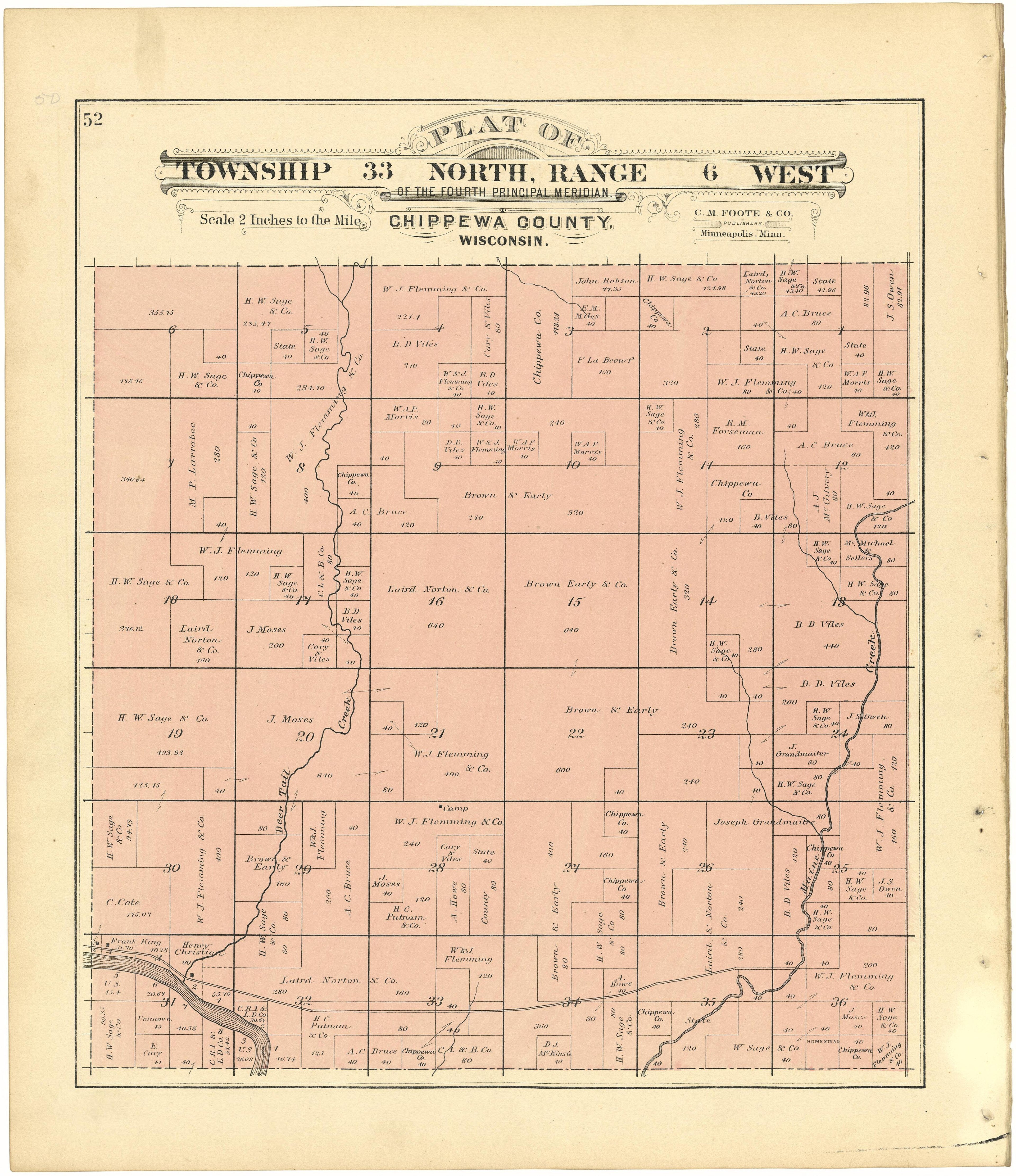 Plat of Township 33 North, Range 6 West from Plat Book of Chippewa County, Wisconsin 1888 by Relic Map Company