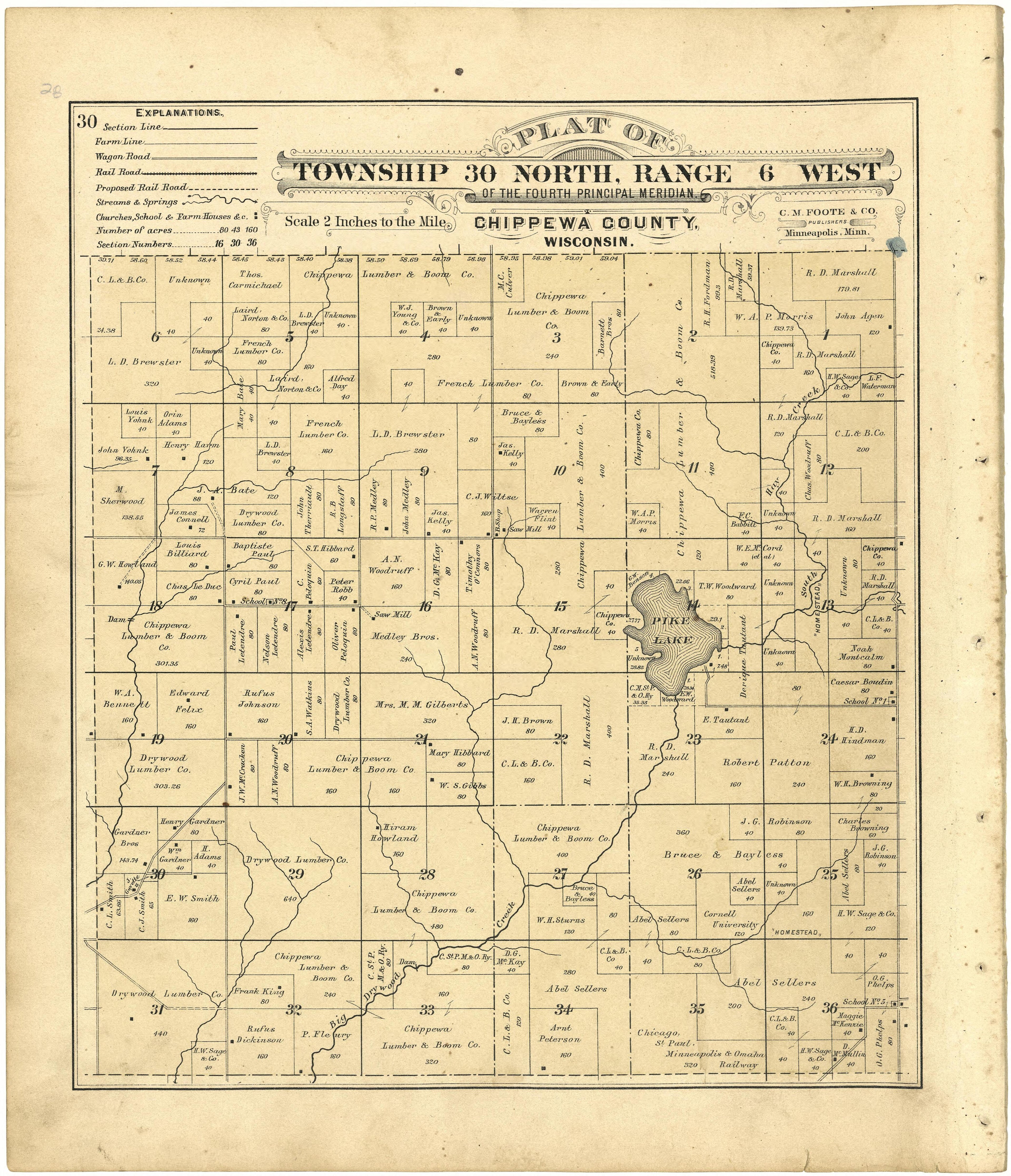 Plat of Township 30 North, Range 6 West from Plat Book of Chippewa County, Wisconsin 1888 by Relic Map Company