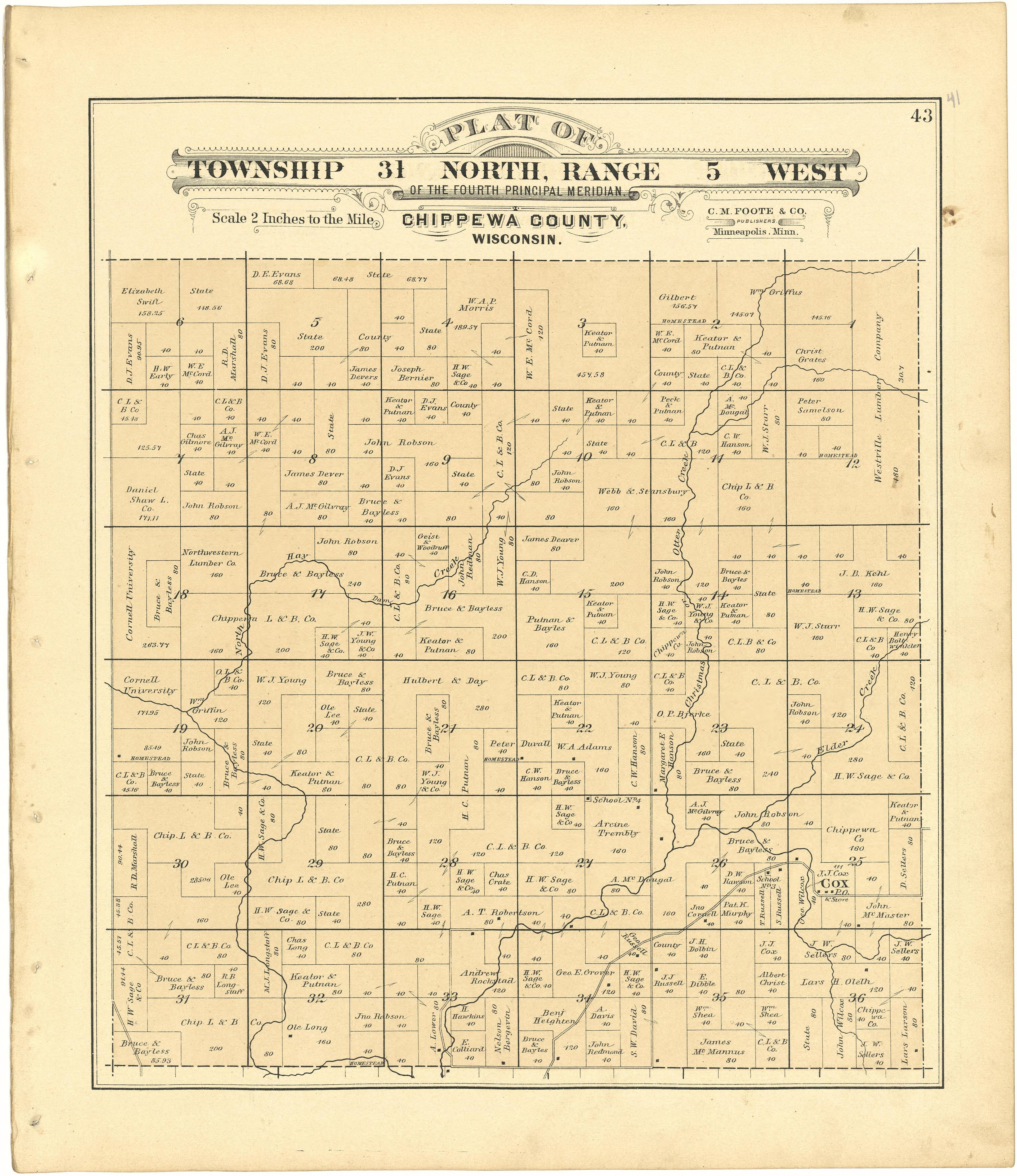 Plat of Township 31 North, Range 5 West from Plat Book of Chippewa County, Wisconsin 1888 by Relic Map Company