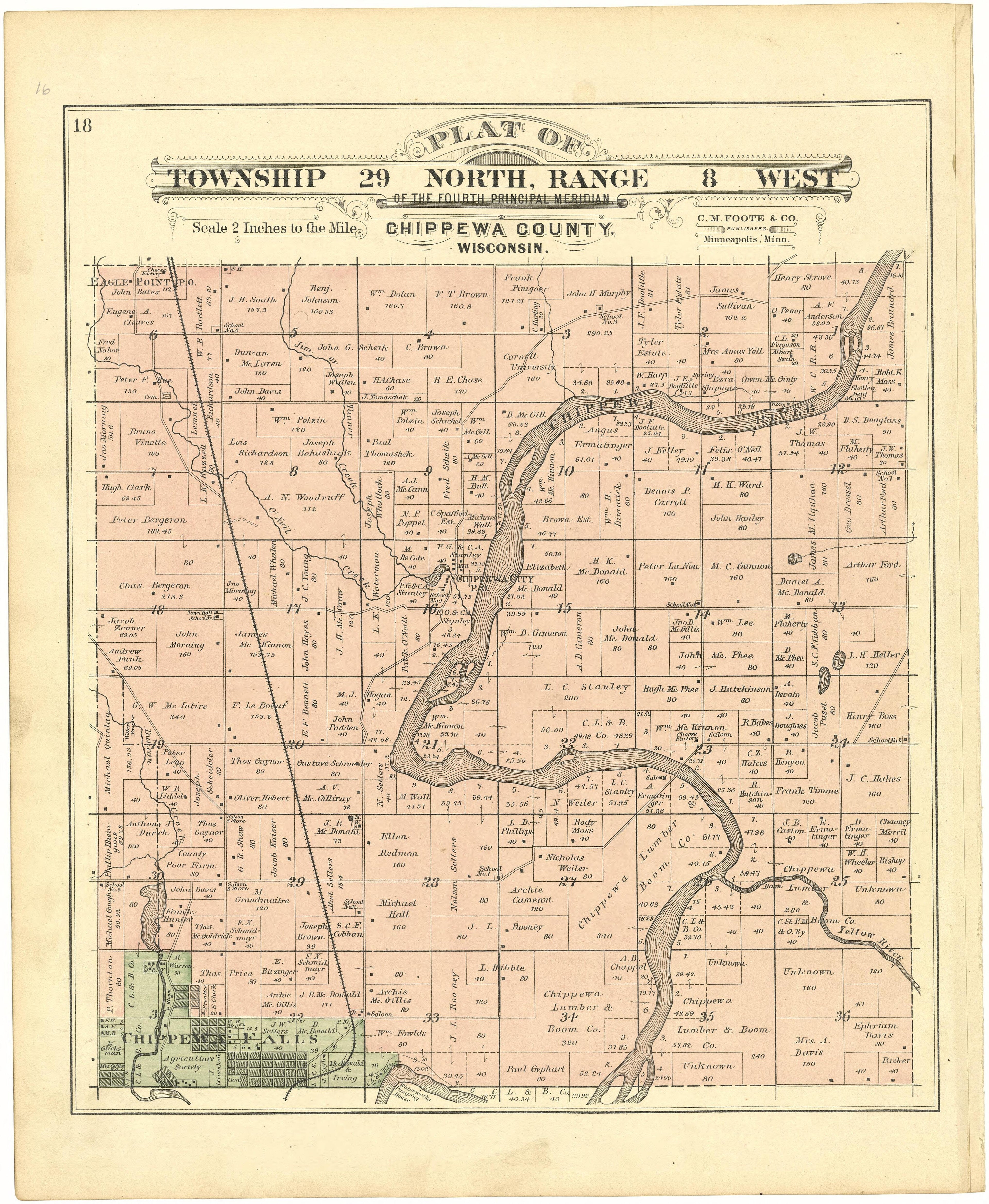 Plat of Township 29 North, Range 8 West from Plat Book of Chippewa County, Wisconsin 1888 by Relic Map Company