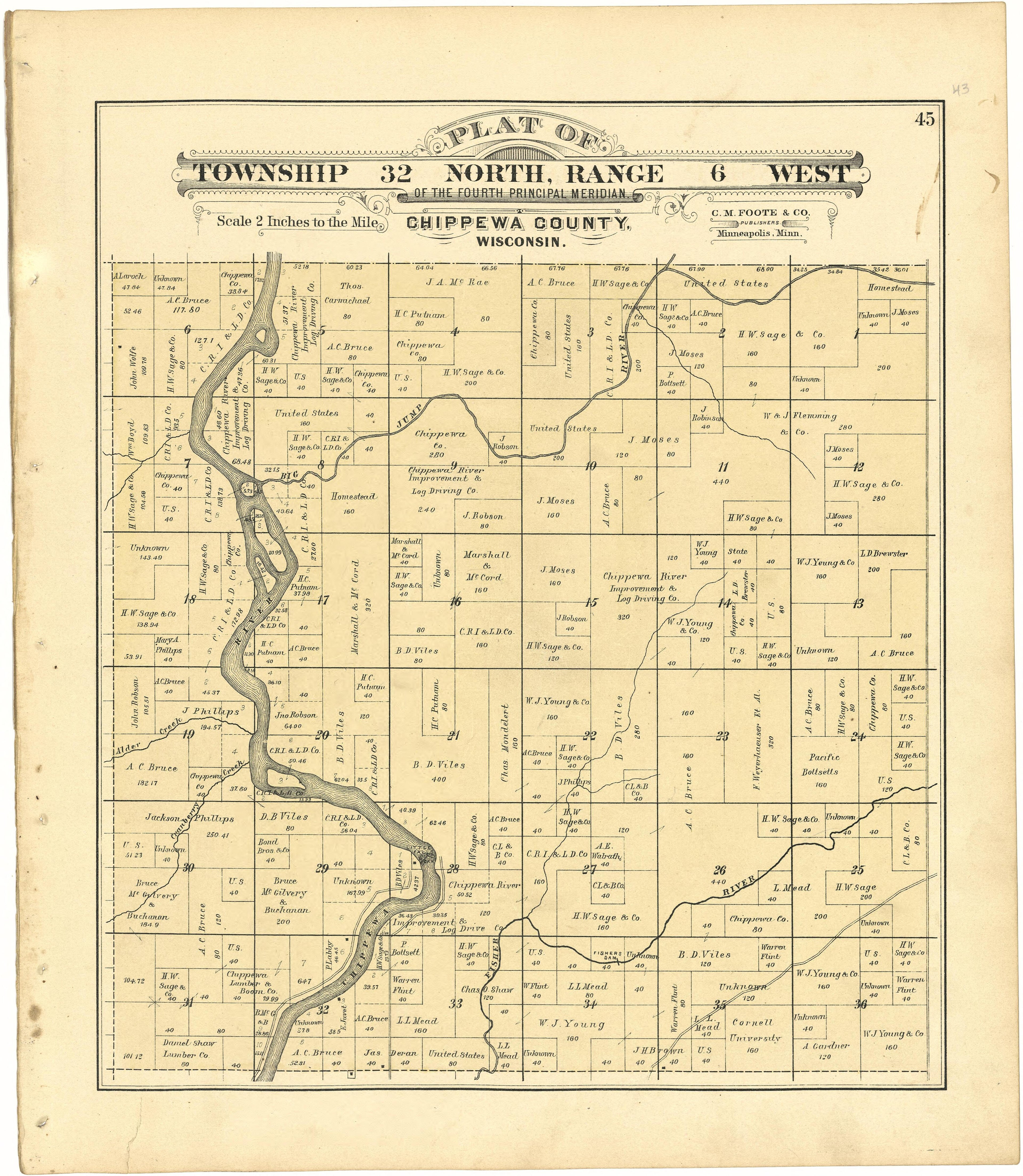 Plat of Township 32 North, Range 6 West from Plat Book of Chippewa County, Wisconsin 1888 by Relic Map Company