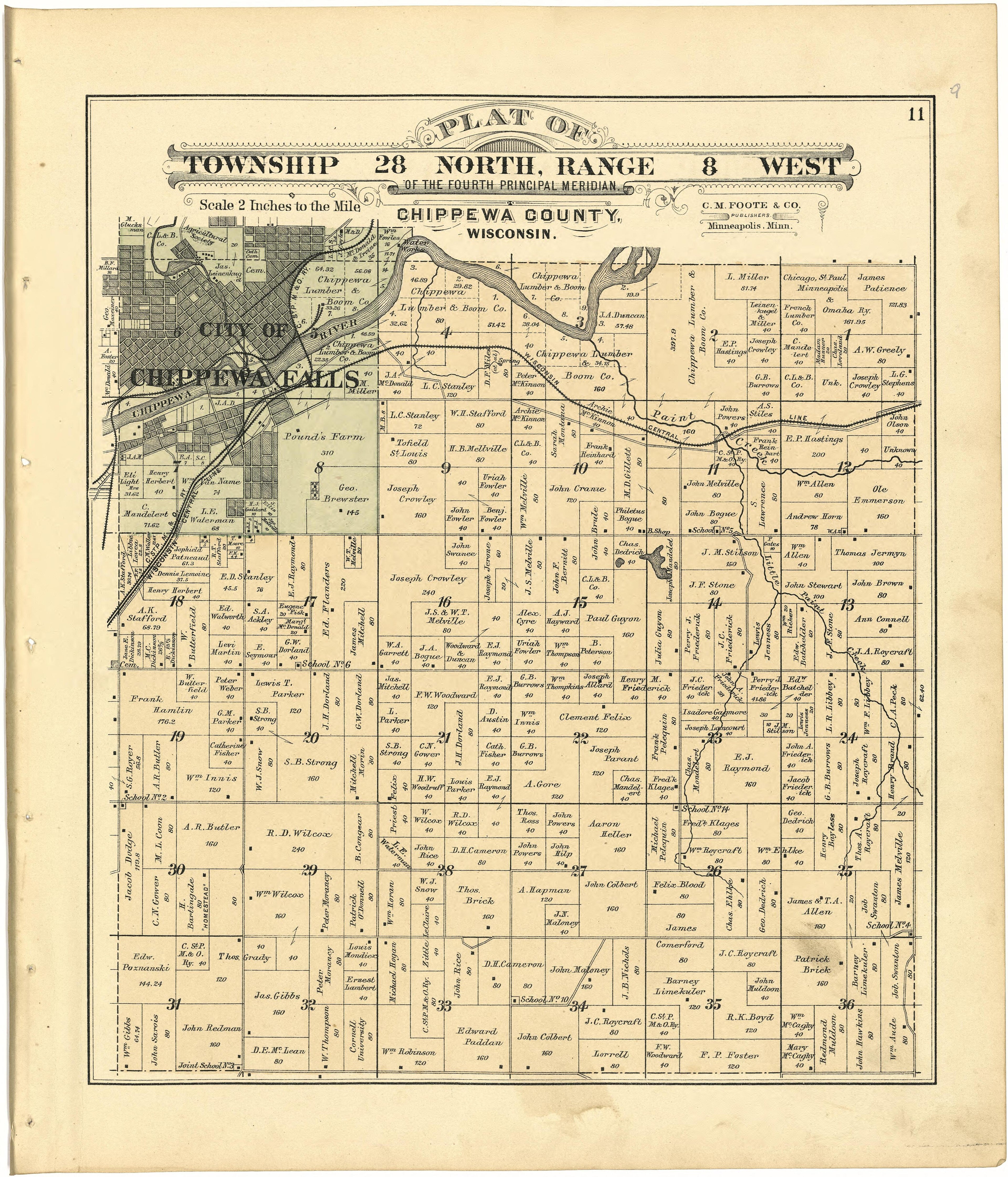 Plat of Township 28 North, Range 8 West from Plat Book of Chippewa County, Wisconsin 1888 by Relic Map Company