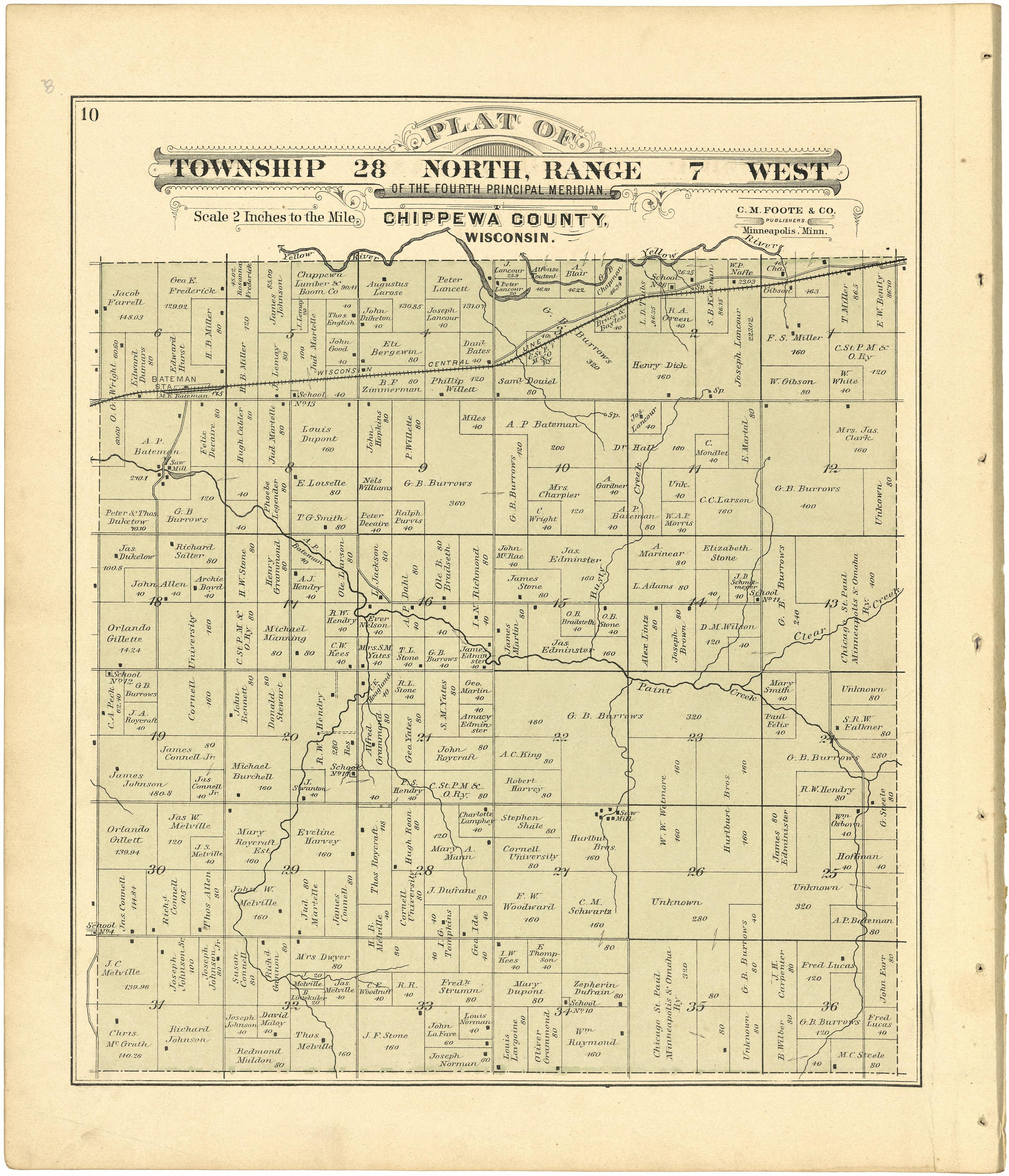 Plat of Township 28 North, Range 7 West from Plat Book of Chippewa County, Wisconsin 1888 by Relic Map Company