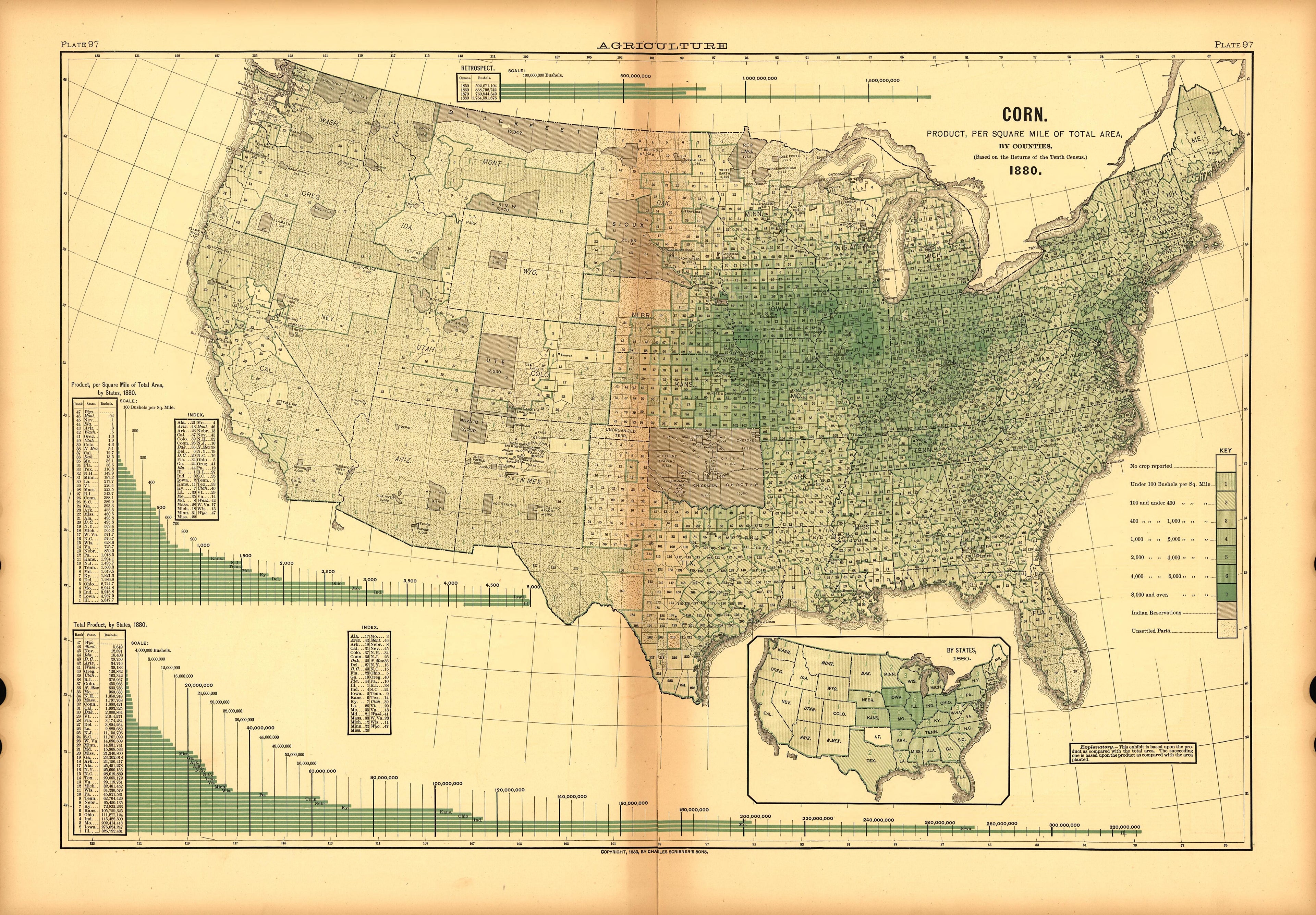 Plate 97: Agriculture (Corn Per Square Mile) from Scribner&