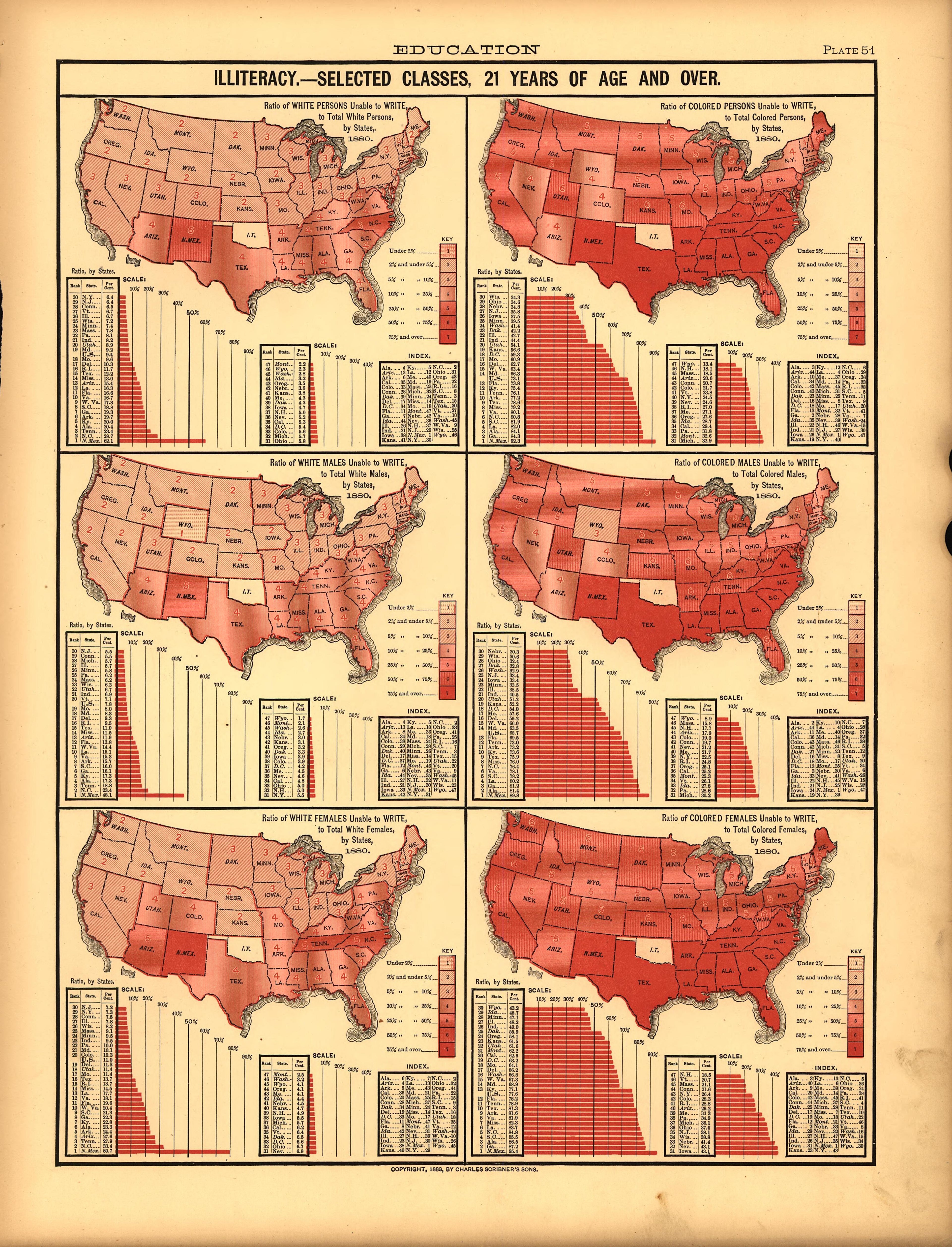 Plate 50: Education (Illiteracy -- 21 Years of Age and Over) from Scribner&