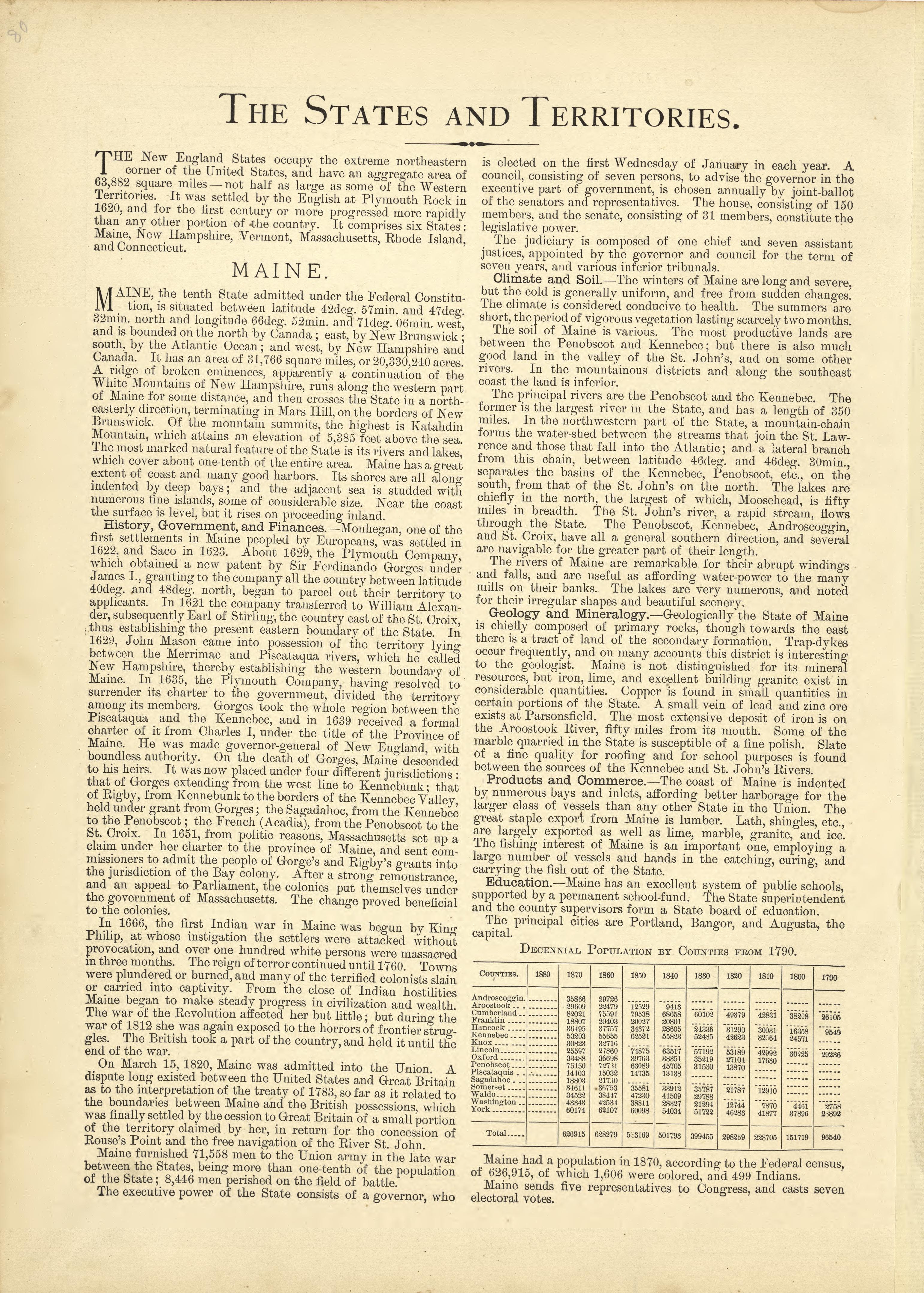 The States and Territories, Maine from Historical Hand-atlas, Illustrated, Containing Large Scale Copper Plate Maps of Each State and Territory of the United States, and the Provinces of Canada, Together With a Complete Reference Map of the World, …... by Relic Map Company