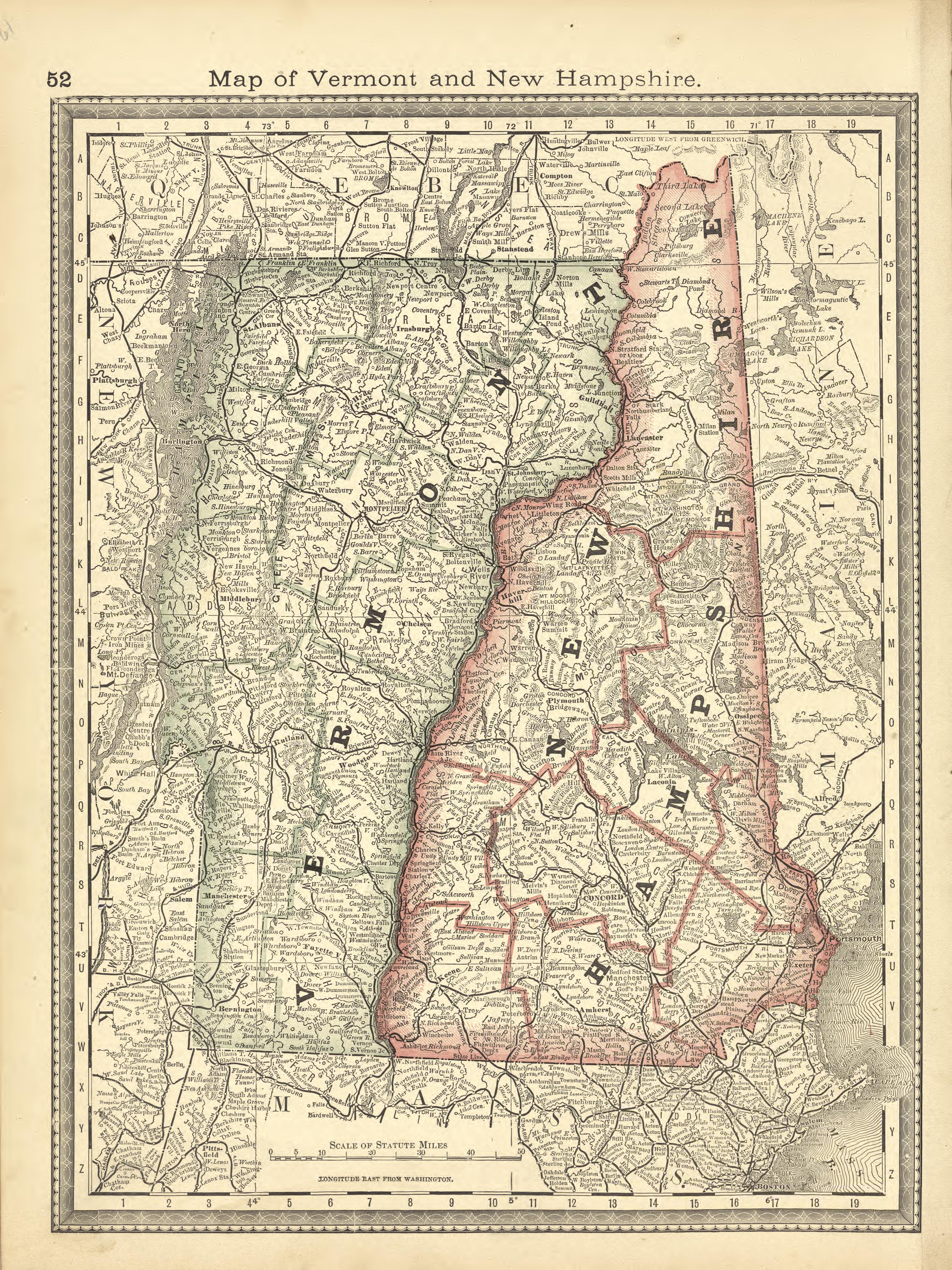 Map of Vermont and New Hampshire from Historical Hand-atlas, Illustrated, Containing Large Scale Copper Plate Maps of Each State and Territory of the United States, and the Provinces of Canada, Together With a Complete Reference Map of the World, … 1881 by Relic Map Company