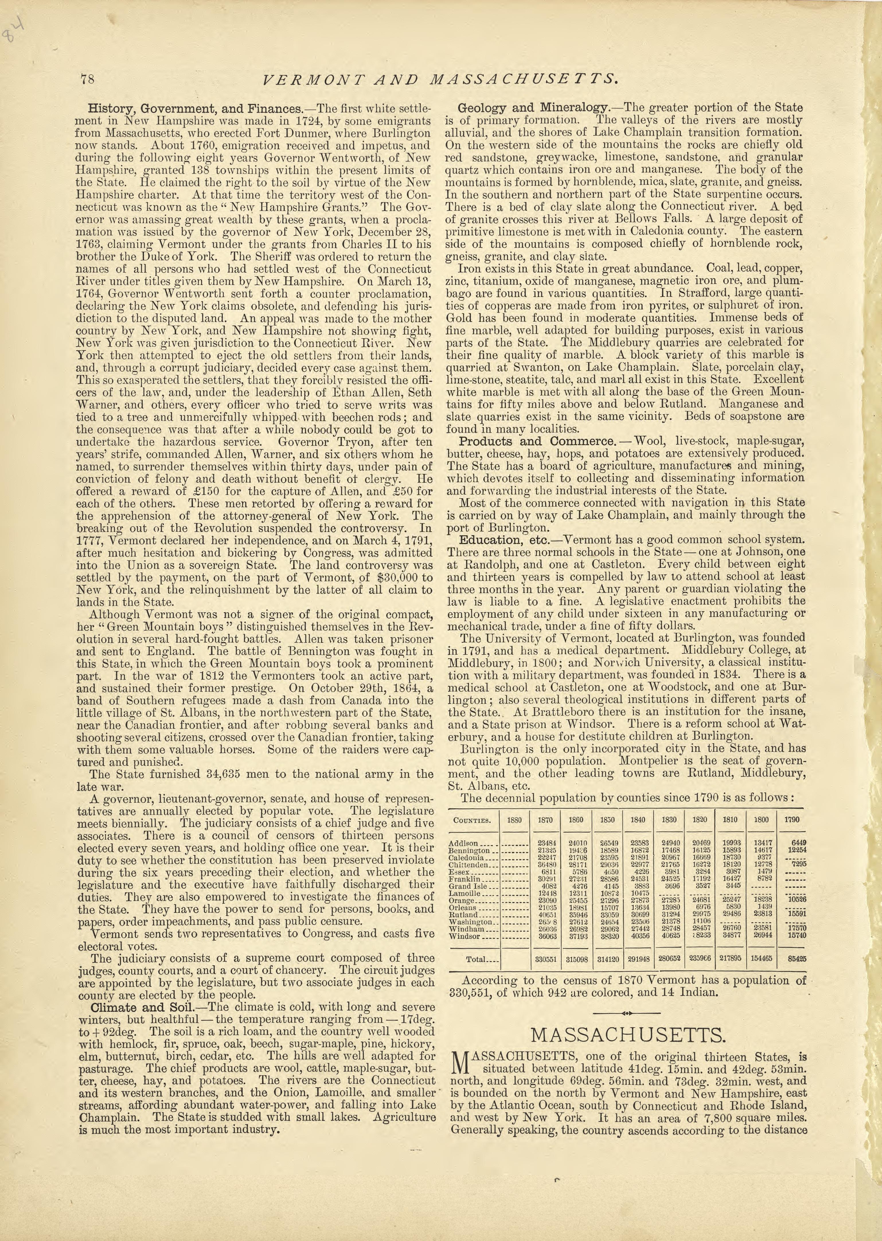 Vermont - Continued, Massachusetts from Historical Hand-atlas, Illustrated, Containing Large Scale Copper Plate Maps of Each State and Territory of the United States, and the Provinces of Canada, Together With a Complete Reference Map of the World, �... by Relic Map Company