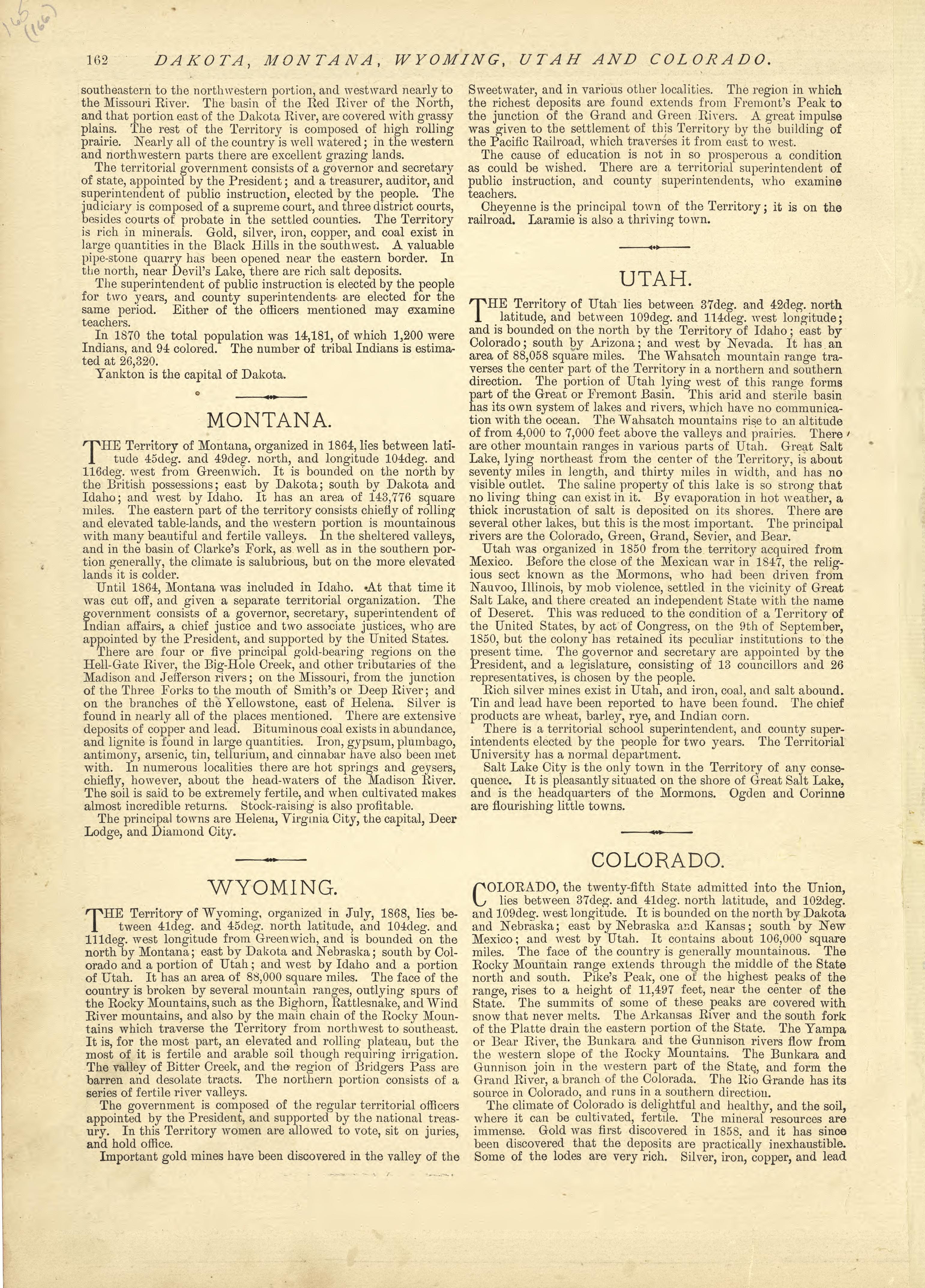 Dakota - Continued, Montana, Wyoming, Utah and Colorado from Historical Hand-atlas, Illustrated, Containing Large Scale Copper Plate Maps of Each State and Territory of the United States, and the Provinces of Canada, Together With a Complete Reference... by Relic Map Company