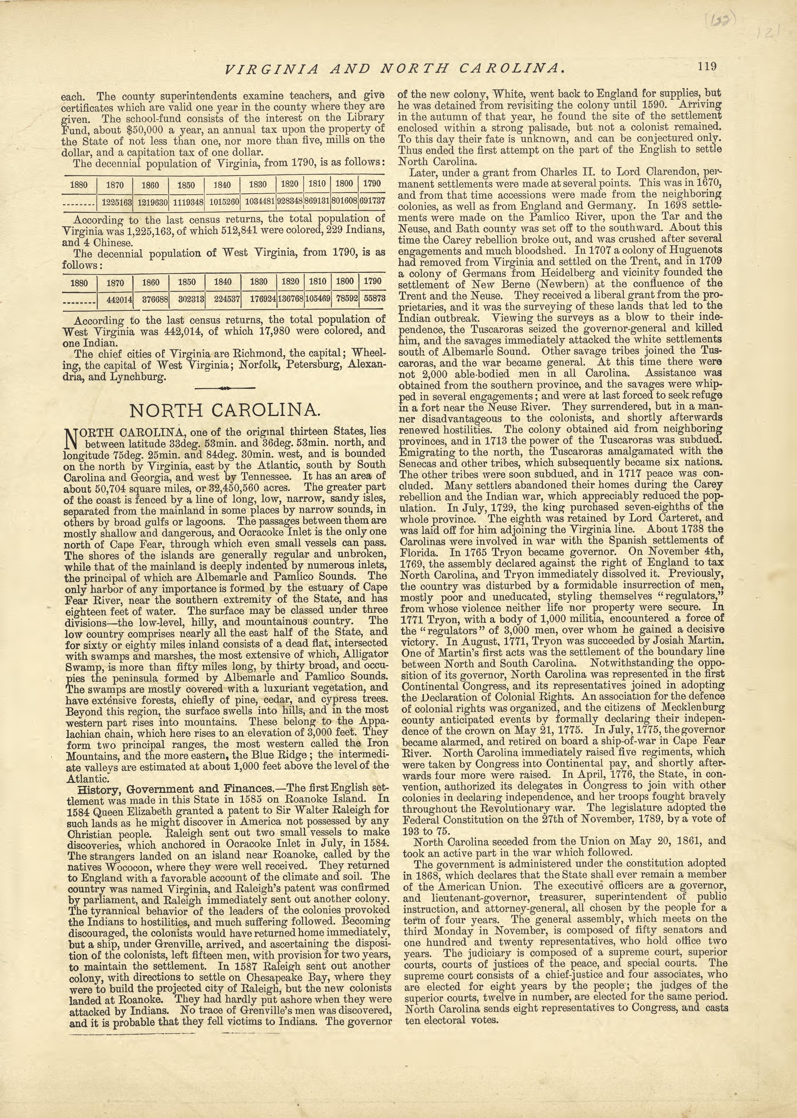 Virginia - Continued, North Carolina from Historical Hand-atlas, Illustrated, Containing Large Scale Copper Plate Maps of Each State and Territory of the United States, and the Provinces of Canada, Together With a Complete Reference Map of the World, ... by Relic Map Company