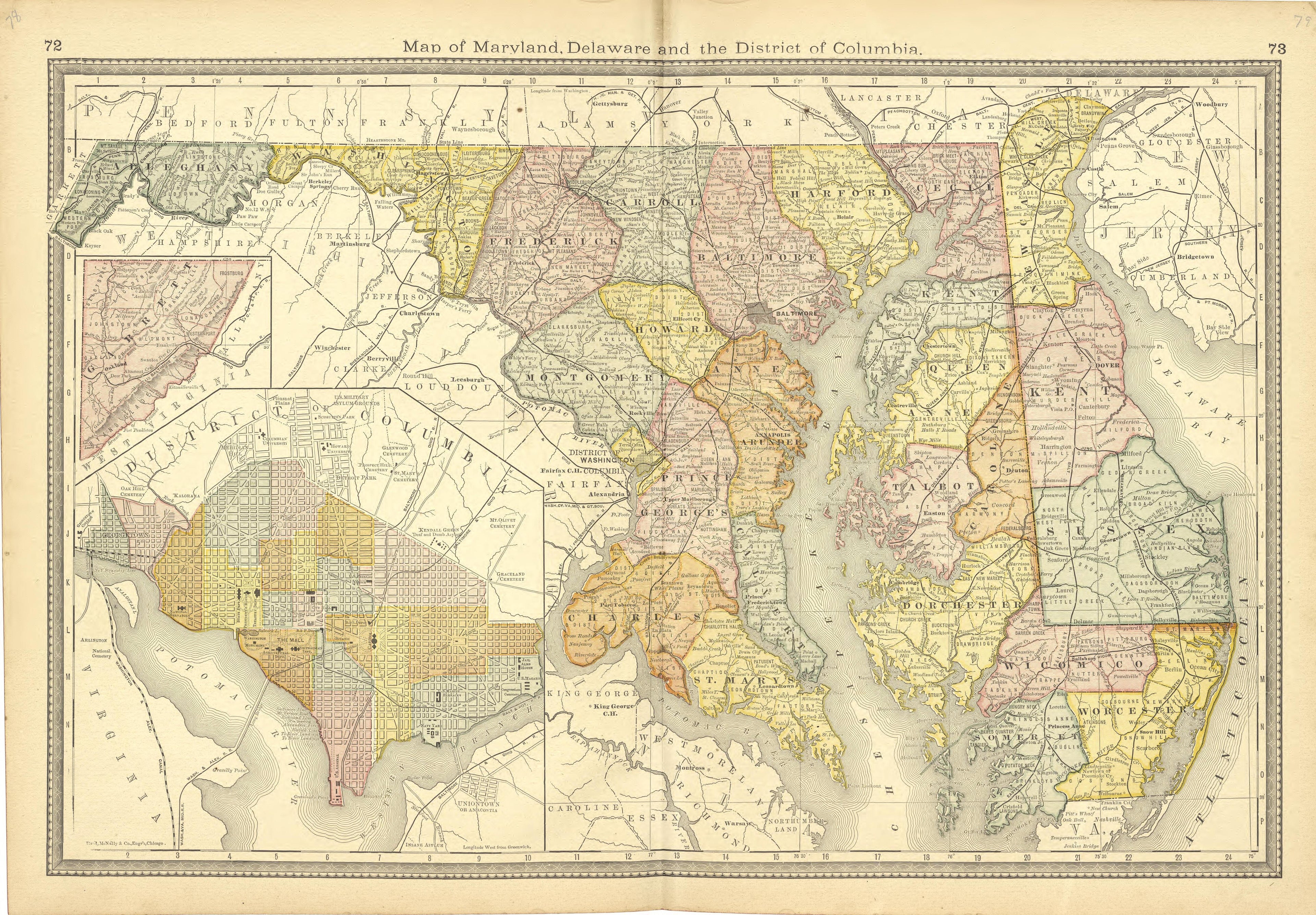 Map of Marlyland, Delaware and the District of Columbia from Historical Hand-atlas, Illustrated, Containing Large Scale Copper Plate Maps of Each State and Territory of the United States, and the Provinces of Canada, Together With a Complete Reference... by Relic Map Company
