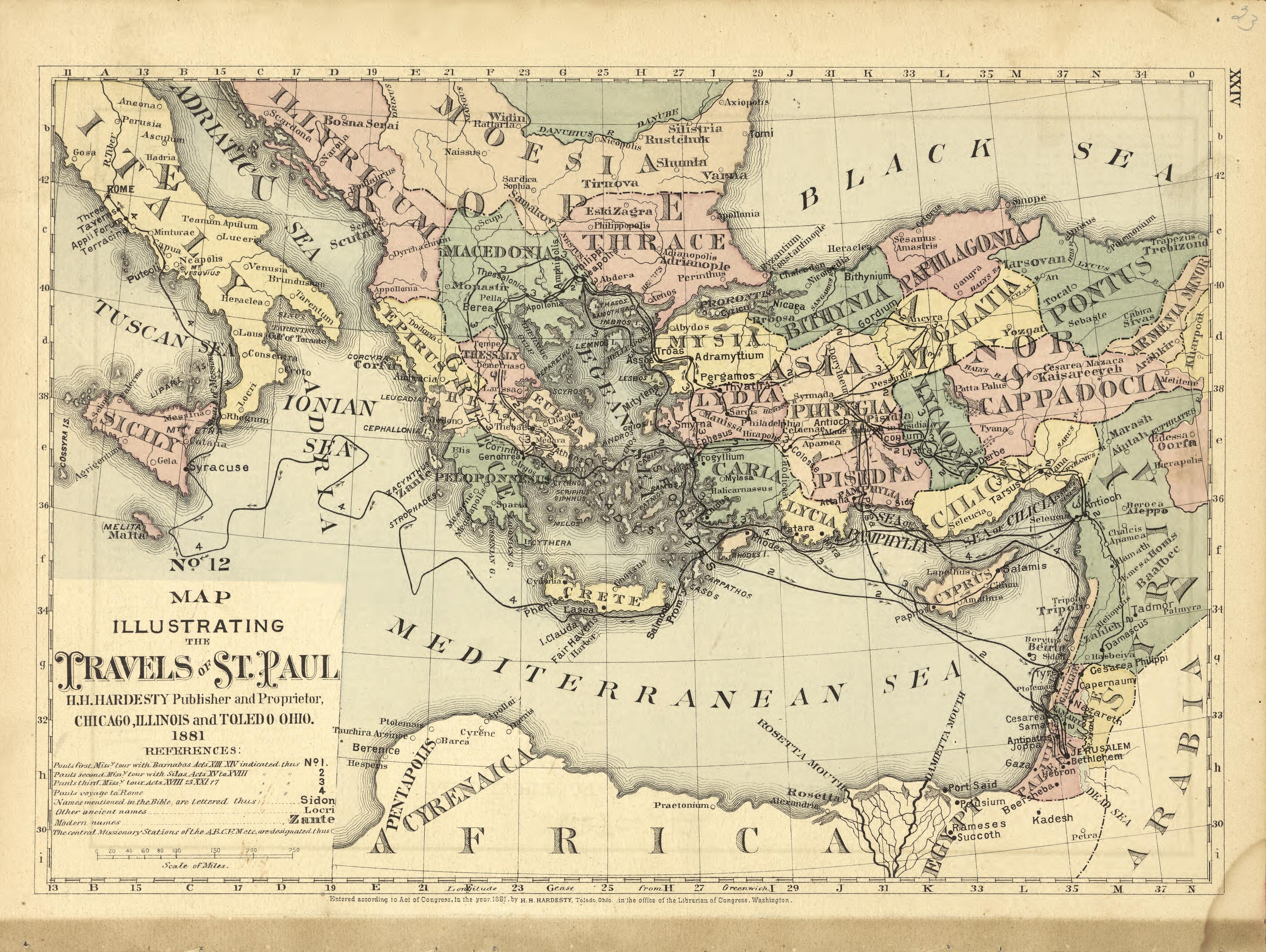 No. 12 Map Illustrating the Travels of St. Paul from Historical Hand-atlas, Illustrated, Containing Large Scale Copper Plate Maps of Each State and Territory of the United States, and the Provinces of Canada, Together With a Complete Reference Map of ... by Relic Map Company