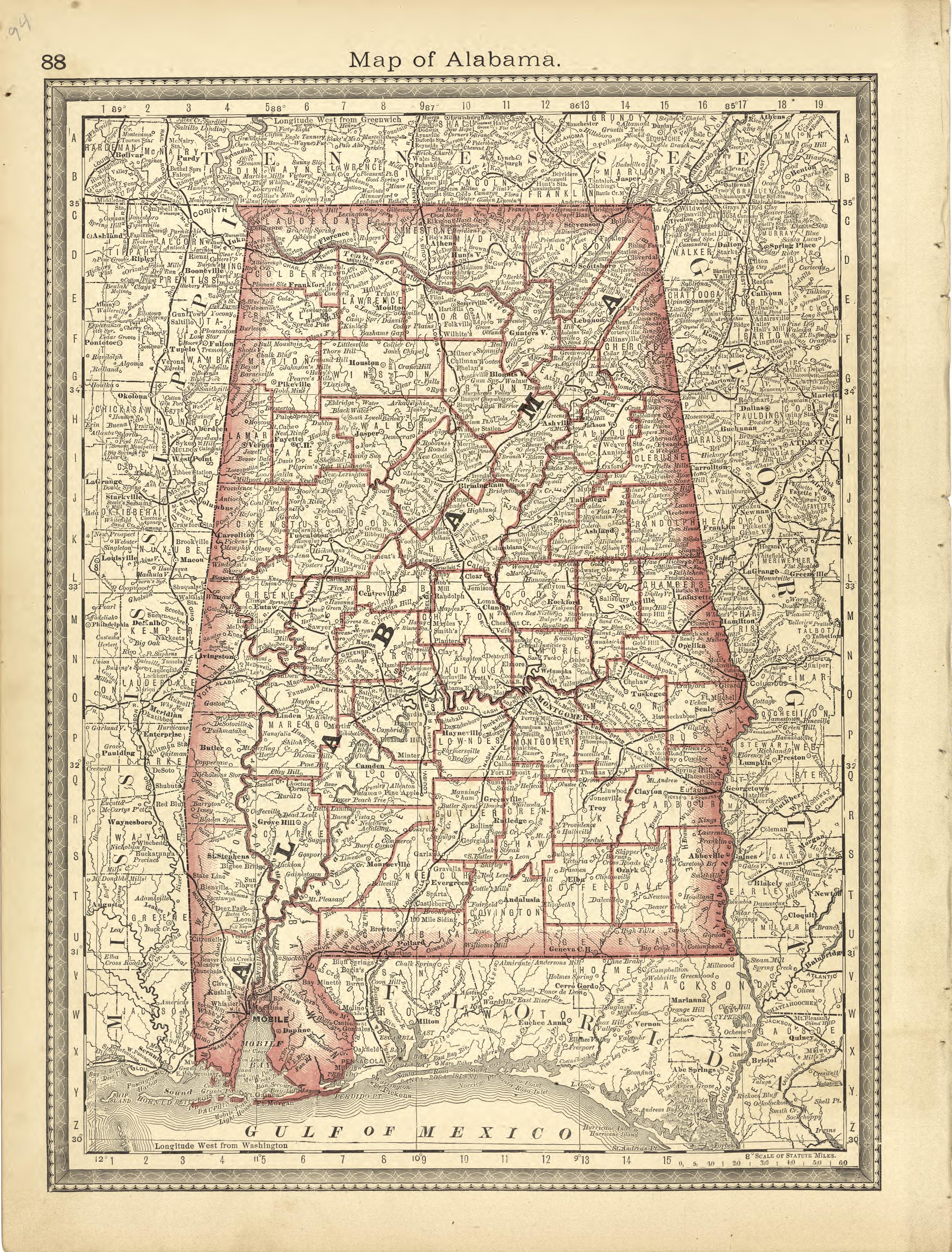 Map of Alabama from Historical Hand-atlas, Illustrated, Containing Large Scale Copper Plate Maps of Each State and Territory of the United States, and the Provinces of Canada, Together With a Complete Reference Map of the World, … 1881 by Relic Map Company