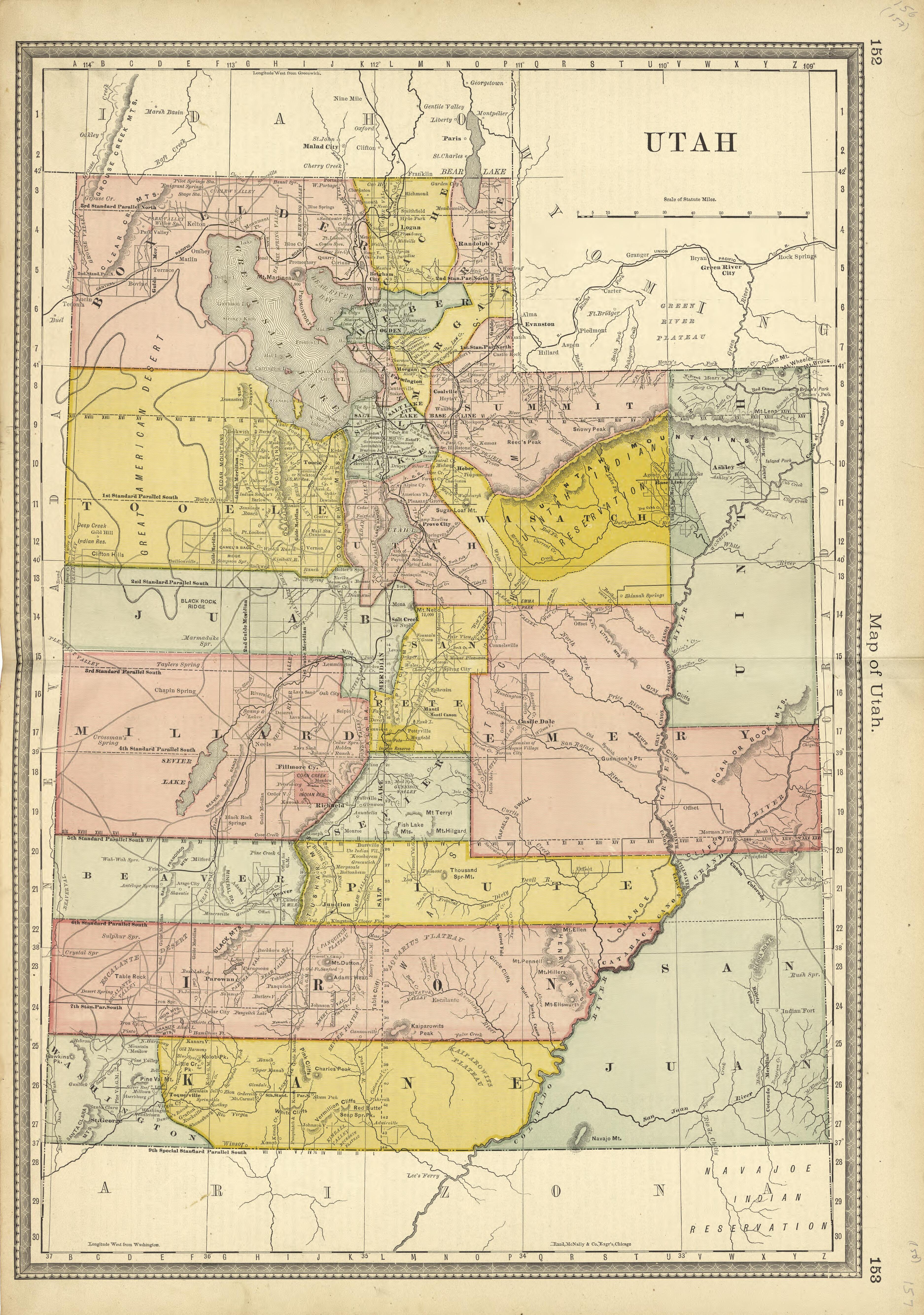 Map of Utah from Historical Hand-atlas, Illustrated, Containing Large Scale Copper Plate Maps of Each State and Territory of the United States, and the Provinces of Canada, Together With a Complete Reference Map of the World, … 1881 by Relic Map Company