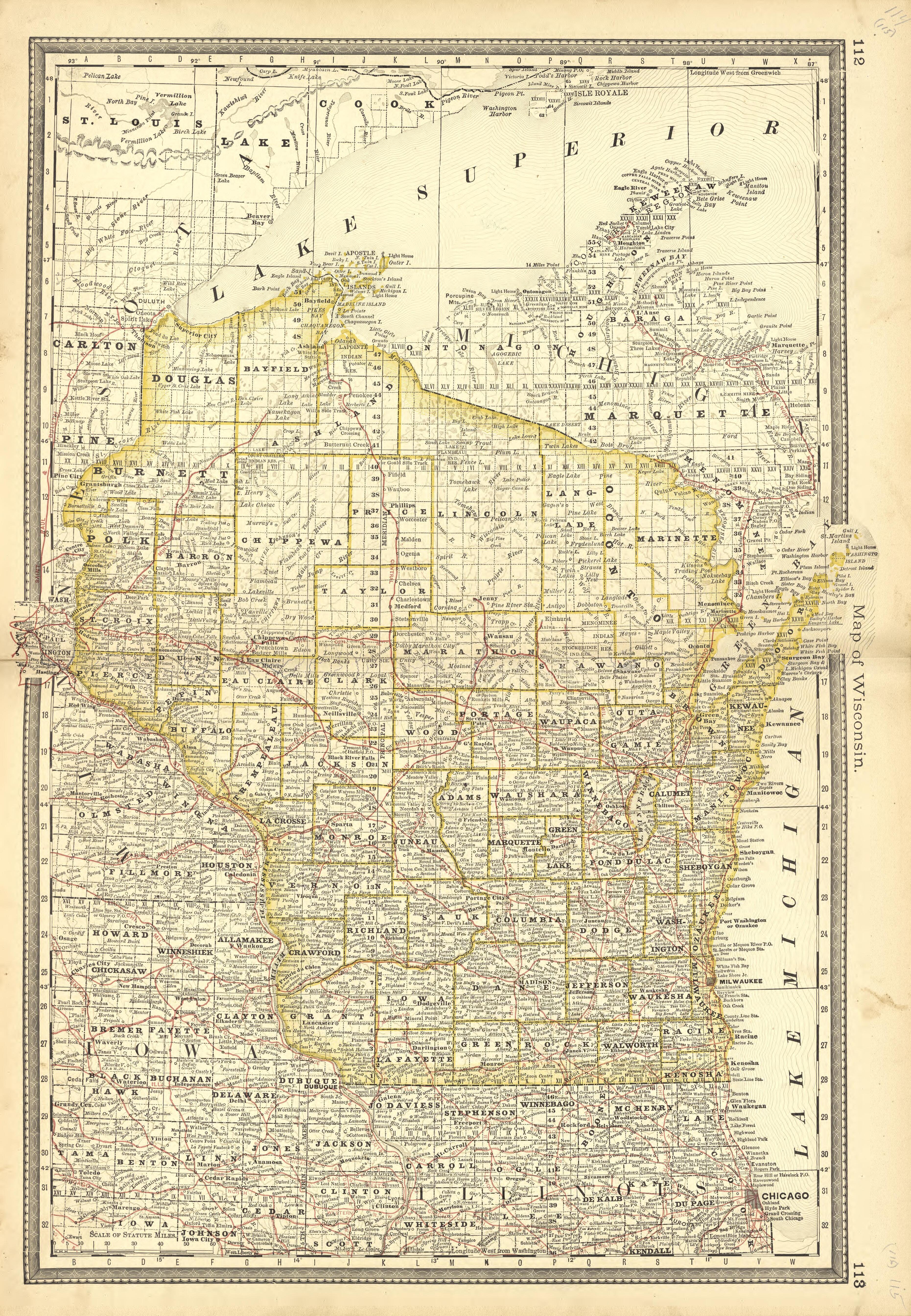 Map of Wisconsin from Historical Hand-atlas, Illustrated, Containing Large Scale Copper Plate Maps of Each State and Territory of the United States, and the Provinces of Canada, Together With a Complete Reference Map of the World, … 1881 by Relic Map Company