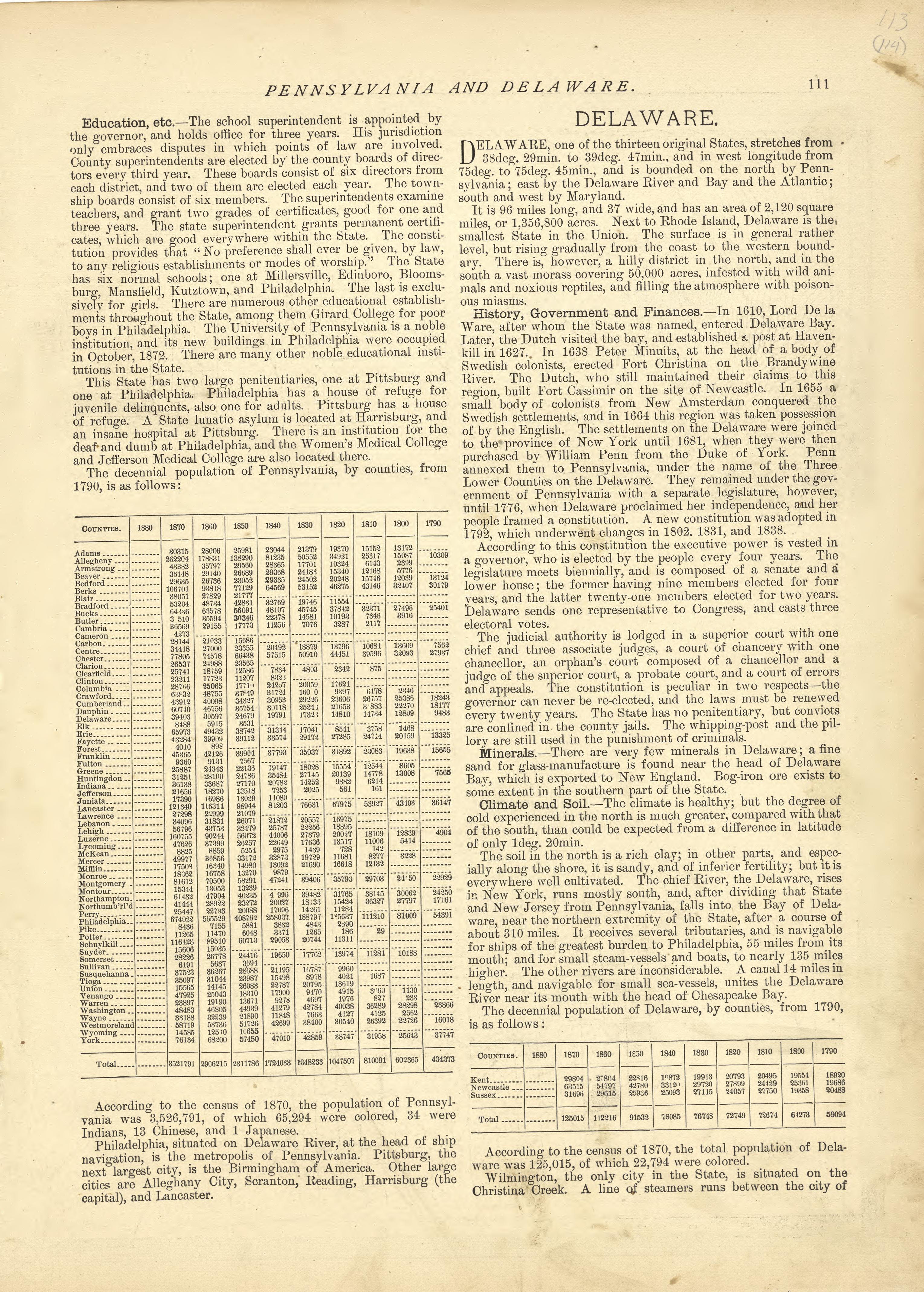 Pennsylvania - Continued, Delaware from Historical Hand-atlas, Illustrated, Containing Large Scale Copper Plate Maps of Each State and Territory of the United States, and the Provinces of Canada, Together With a Complete Reference Map of the World, �... by Relic Map Company