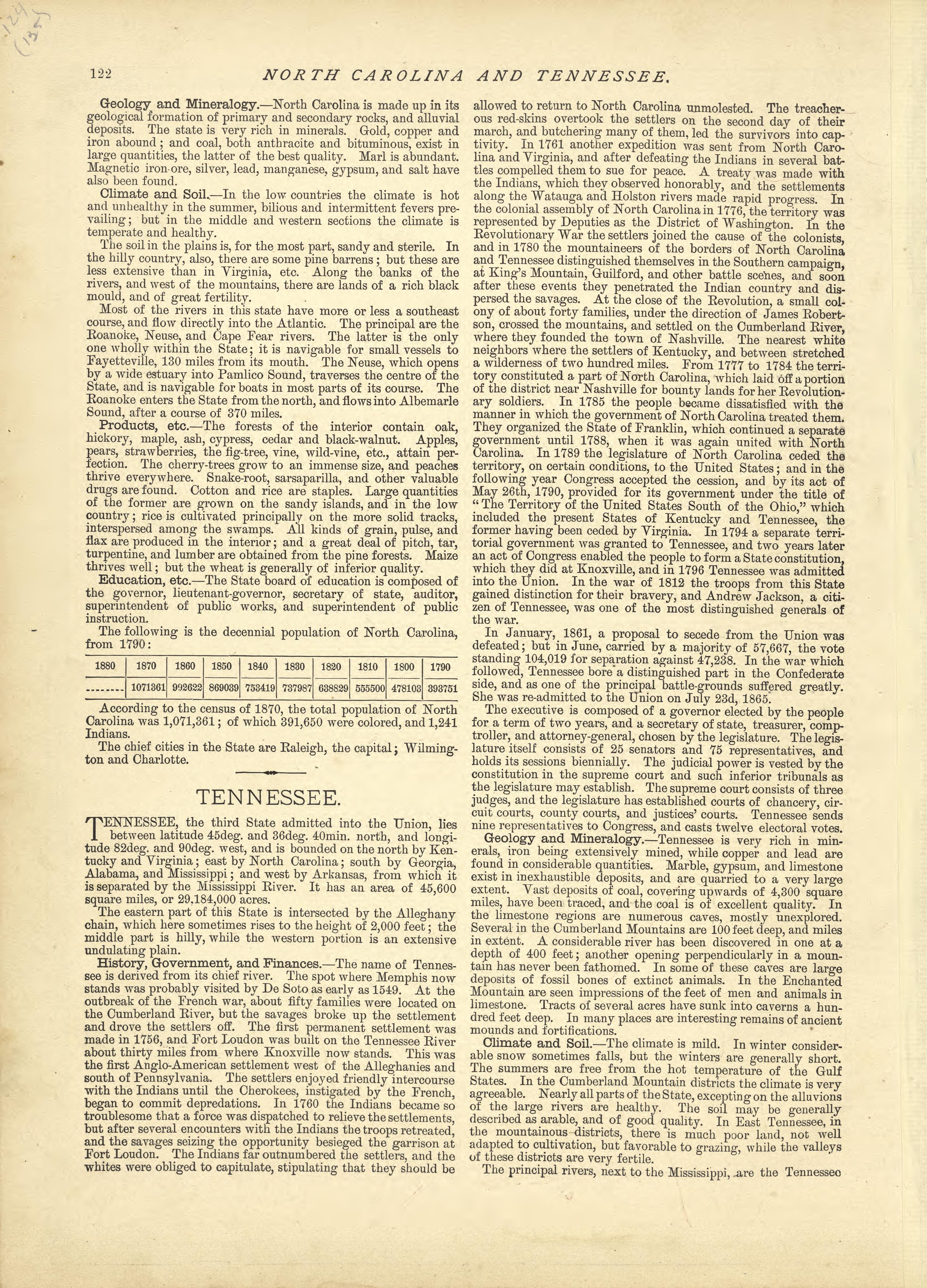 North Carolina - Continued, Tennessee from Historical Hand-atlas, Illustrated, Containing Large Scale Copper Plate Maps of Each State and Territory of the United States, and the Provinces of Canada, Together With a Complete Reference Map of the World,... by Relic Map Company