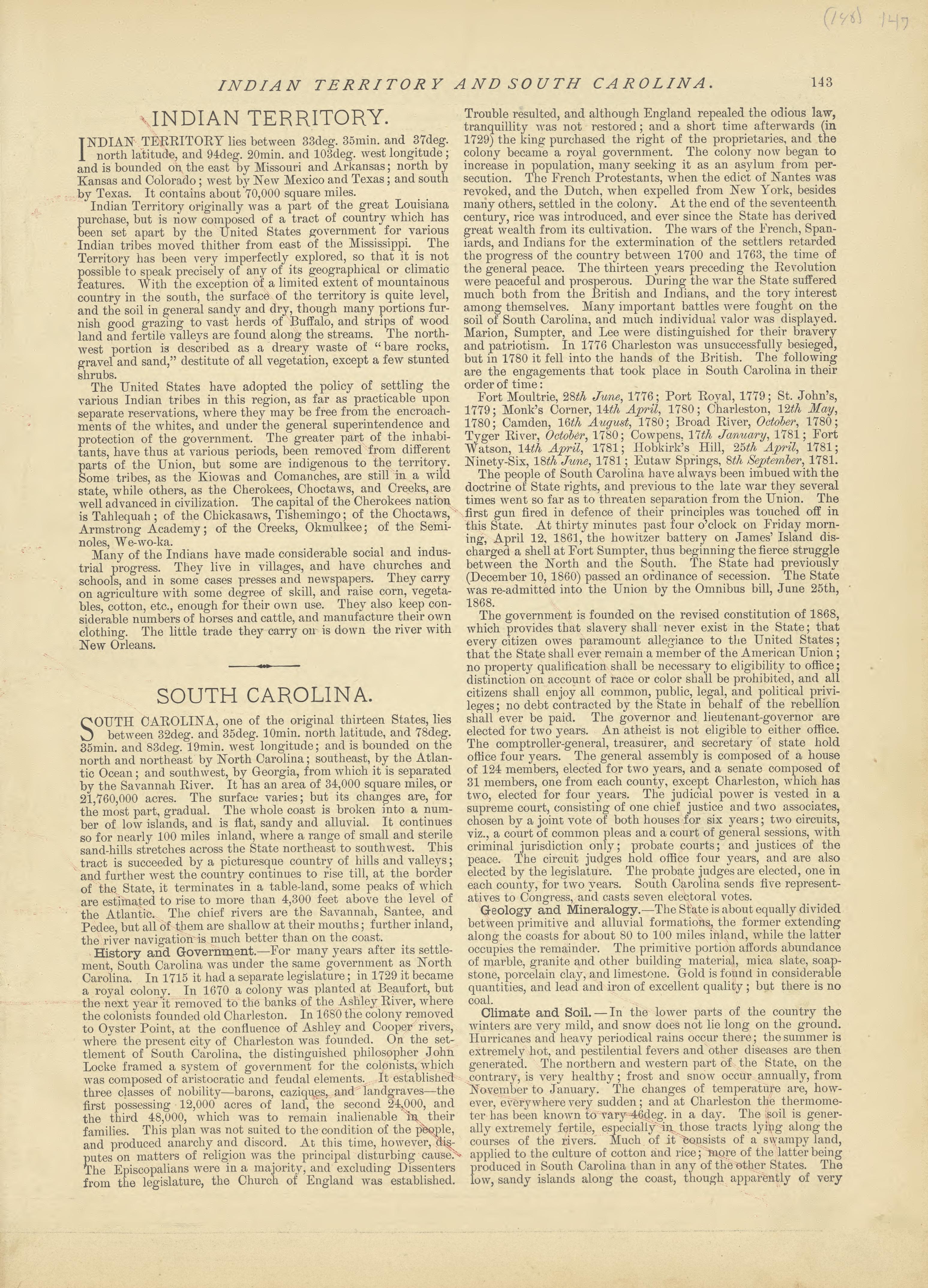 Indian Territory and South Carolina from Historical Hand-atlas, Illustrated, Containing Large Scale Copper Plate Maps of Each State and Territory of the United States, and the Provinces of Canada, Together With a Complete Reference Map of the World, �... by Relic Map Company