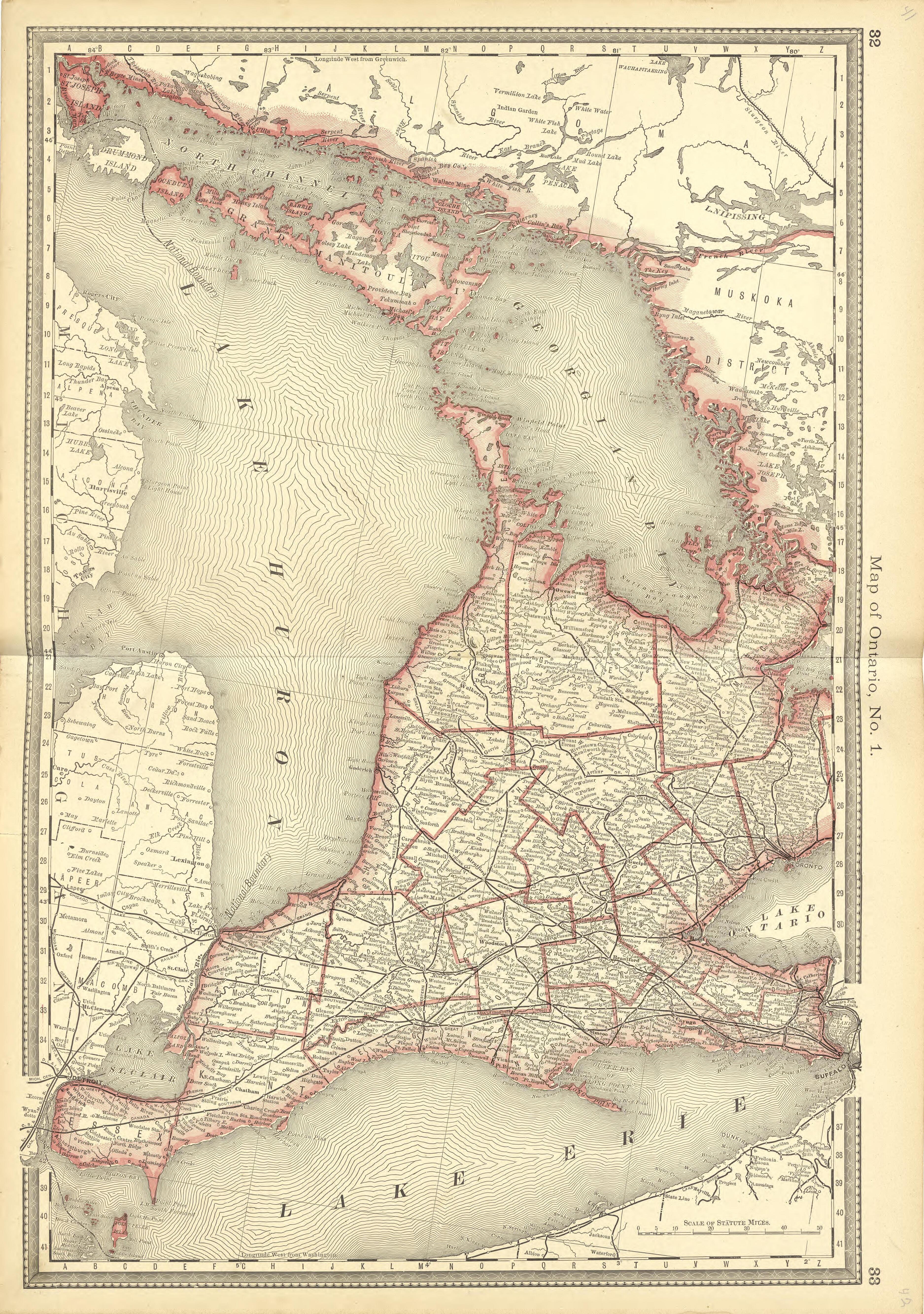Map of Ontario, No. 1 from Historical Hand-atlas, Illustrated, Containing Large Scale Copper Plate Maps of Each State and Territory of the United States, and the Provinces of Canada, Together With a Complete Reference Map of the World, … 1881 by Relic Map Company