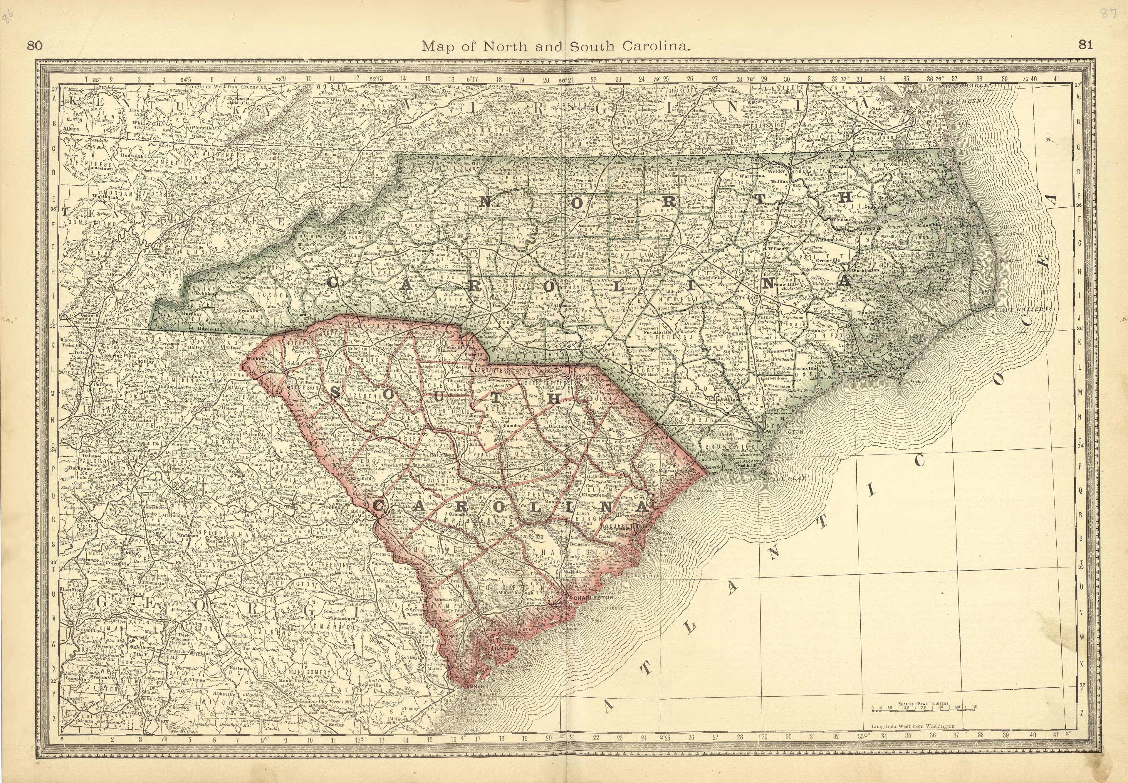 Map of North and South Carolina from Historical Hand-atlas, Illustrated, Containing Large Scale Copper Plate Maps of Each State and Territory of the United States, and the Provinces of Canada, Together With a Complete Reference Map of the World, … 1881 by Relic Map Company