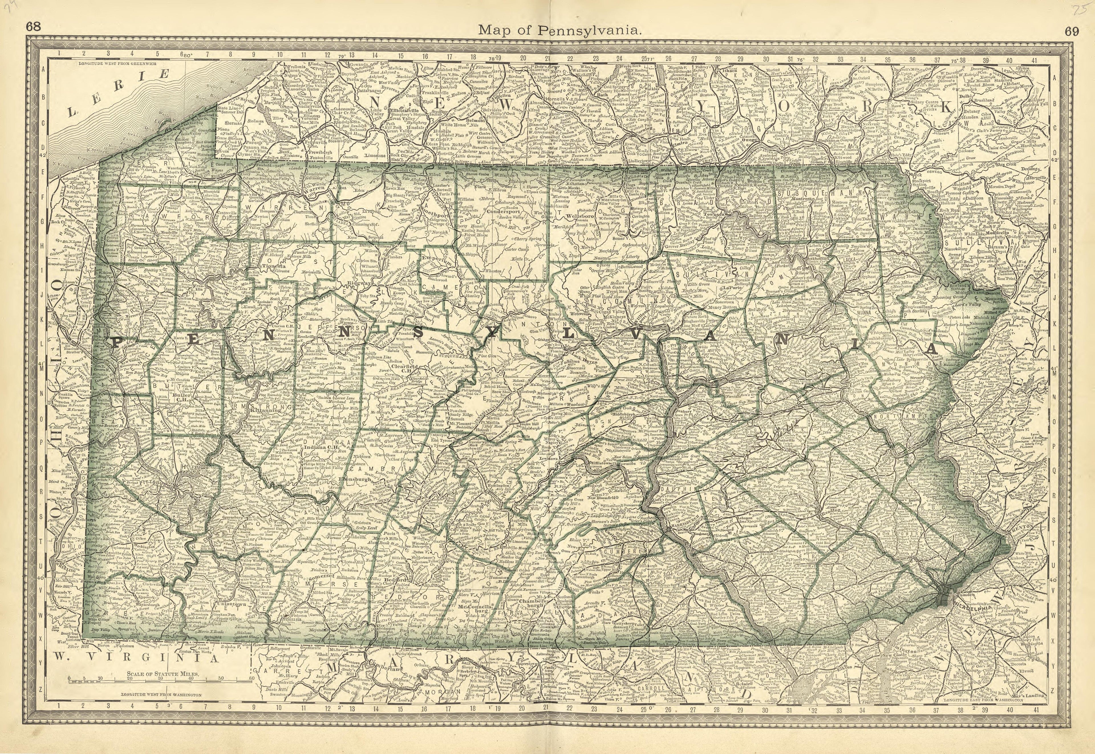 Map of Pennsylvania from Historical Hand-atlas, Illustrated, Containing Large Scale Copper Plate Maps of Each State and Territory of the United States, and the Provinces of Canada, Together With a Complete Reference Map of the World, … 1881 by Relic Map Company