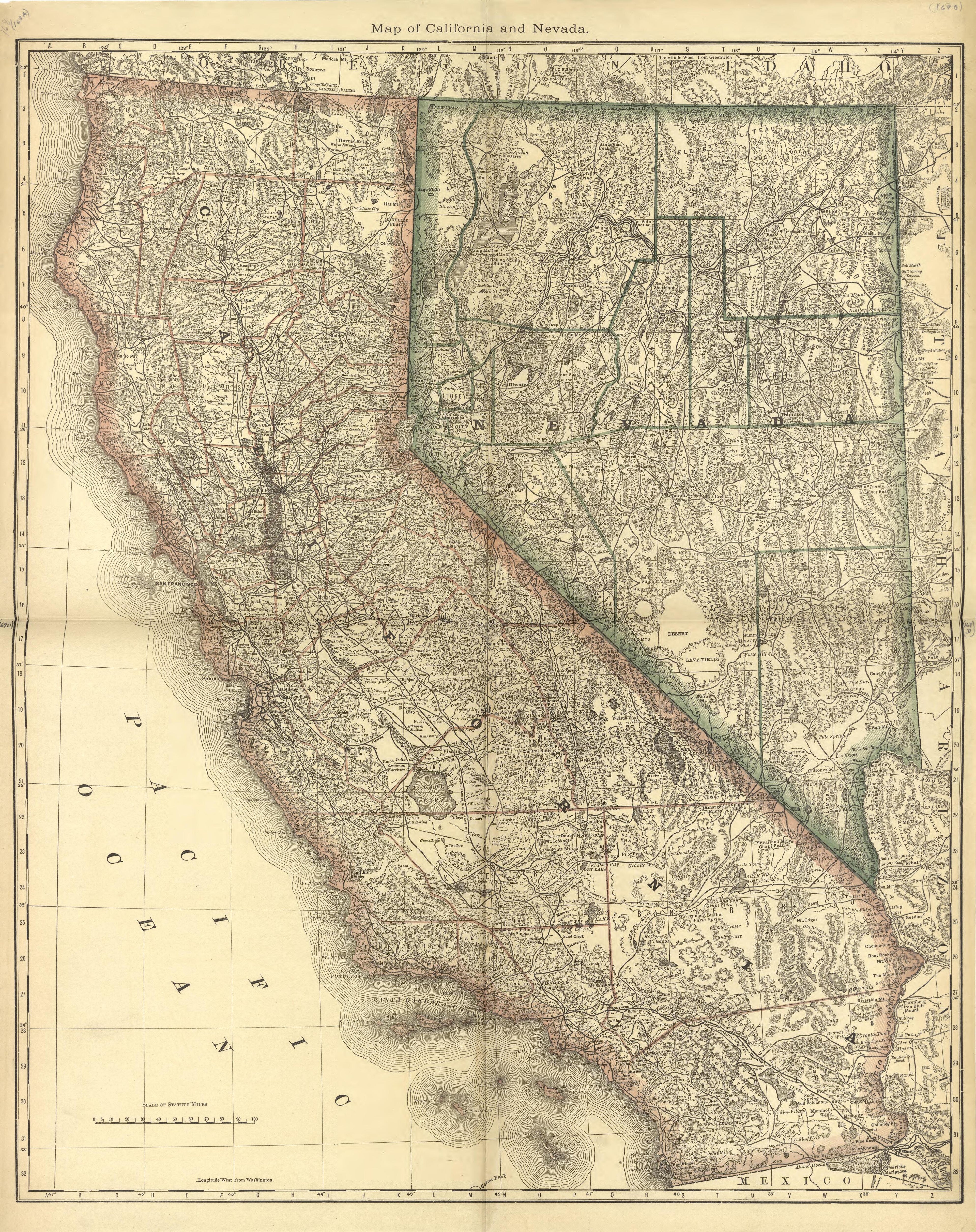 Map of California and Nevada from Historical Hand-atlas, Illustrated, Containing Large Scale Copper Plate Maps of Each State and Territory of the United States, and the Provinces of Canada, Together With a Complete Reference Map of the World, … 1881 by Relic Map Company