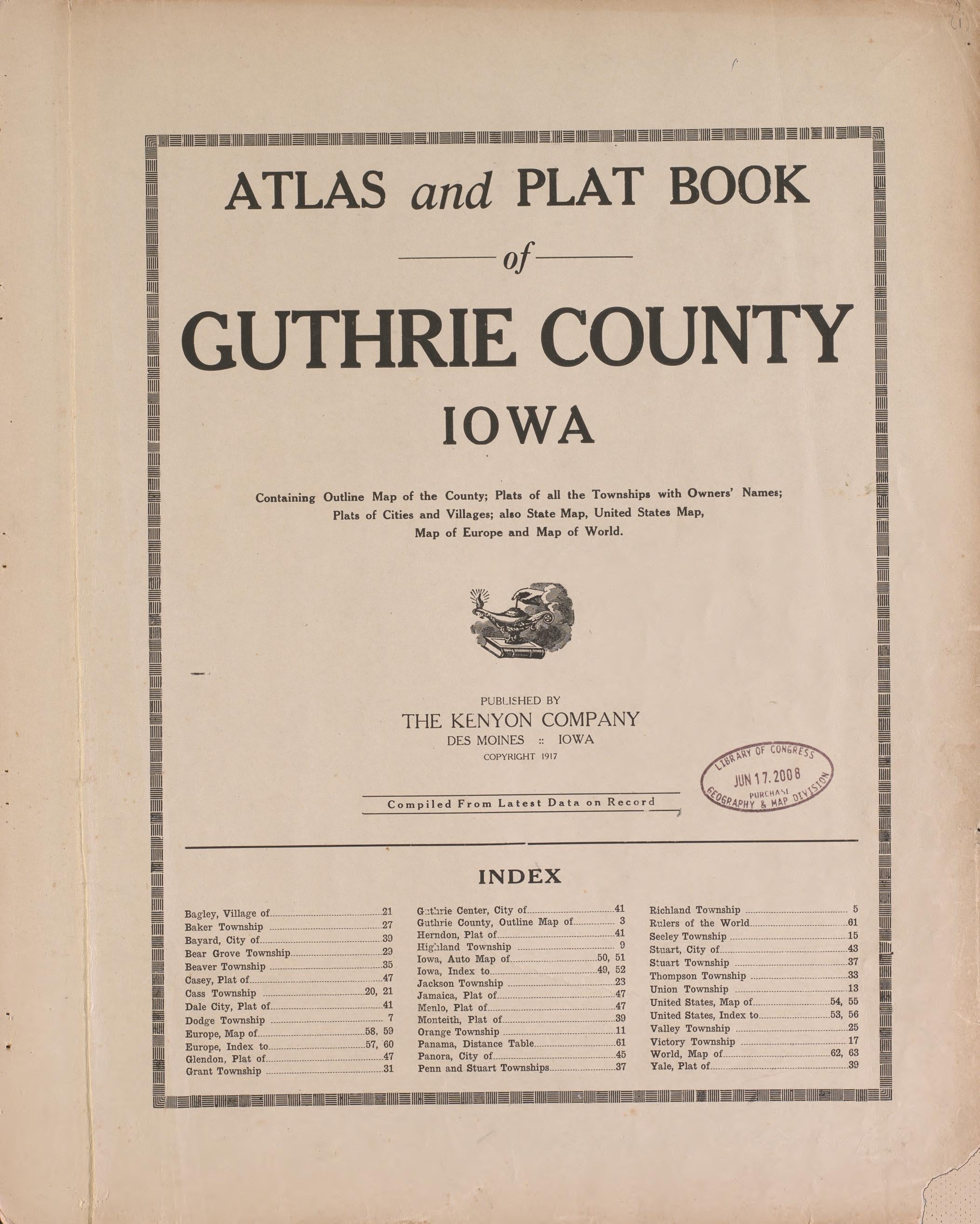 Title Sheet from Atlas and Plat Book of Guthrie County, Iowa : Containing Outline Map of the County, Plats of All the Townships With Owners&