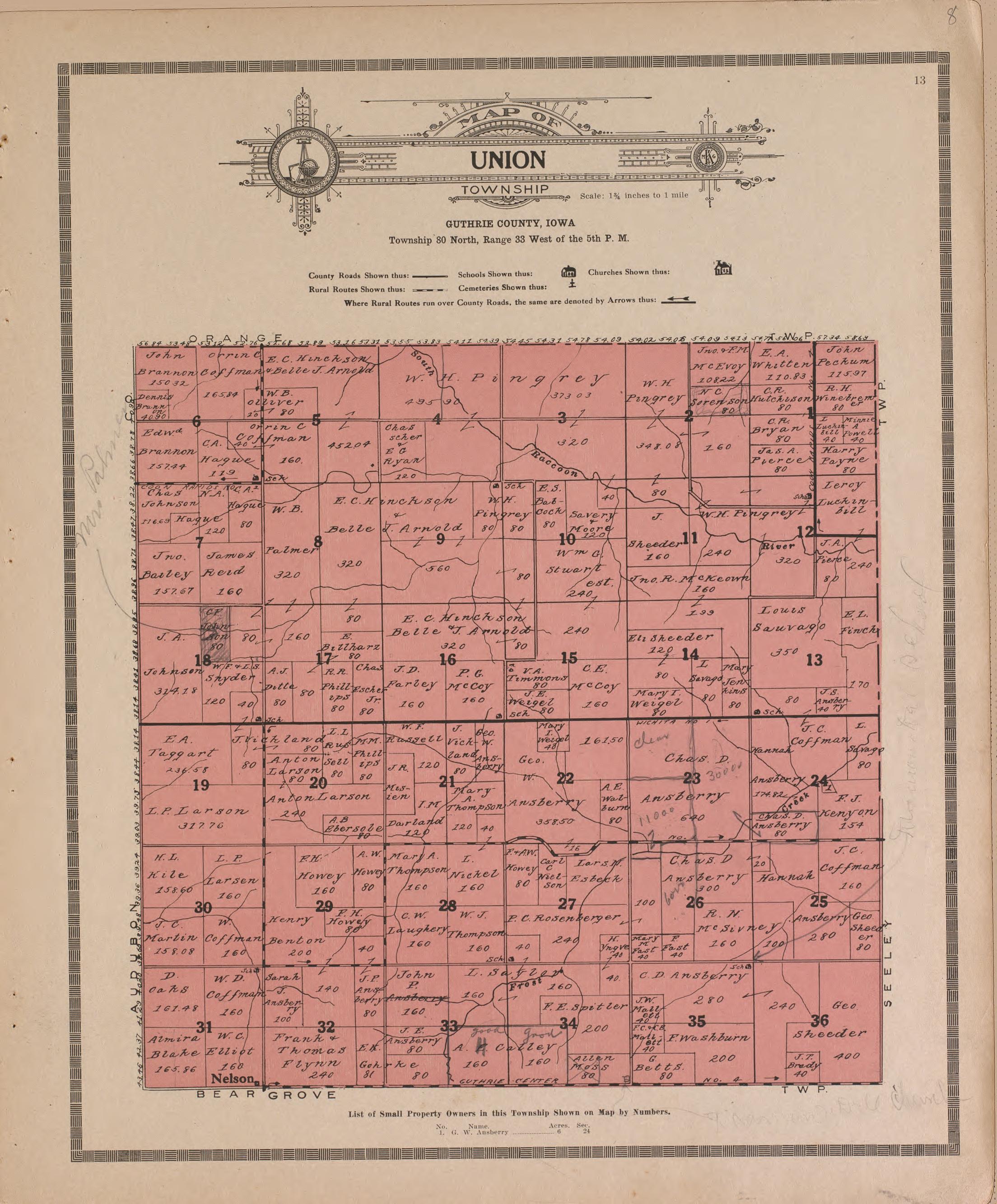Union from Atlas and Plat Book of Guthrie County, Iowa : Containing Outline Map of the County, Plats of All the Townships With Owners&