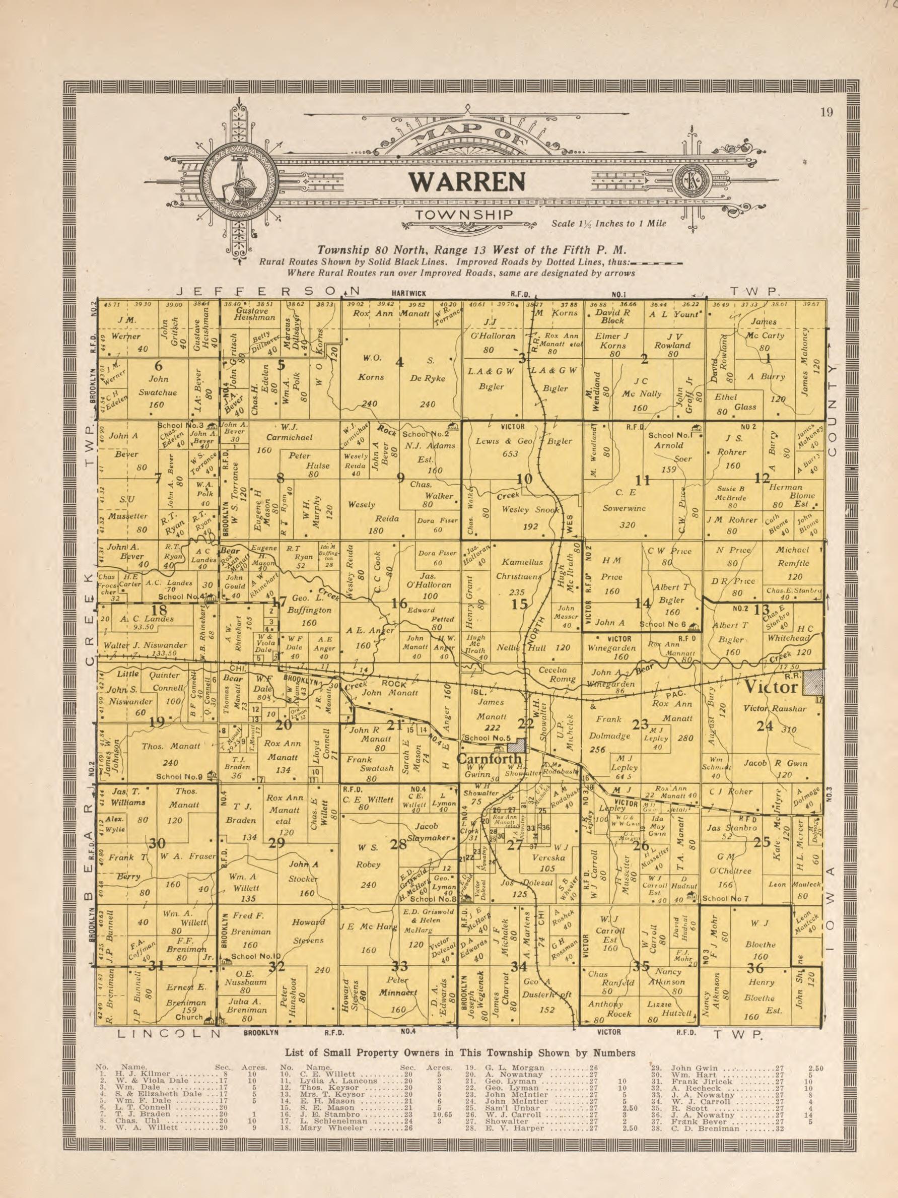 Warren Township from Atlas and Plat Book of Poweshiek County, Iowa : Containing Outline Map of the County, Plats of All the Townships With Owners&