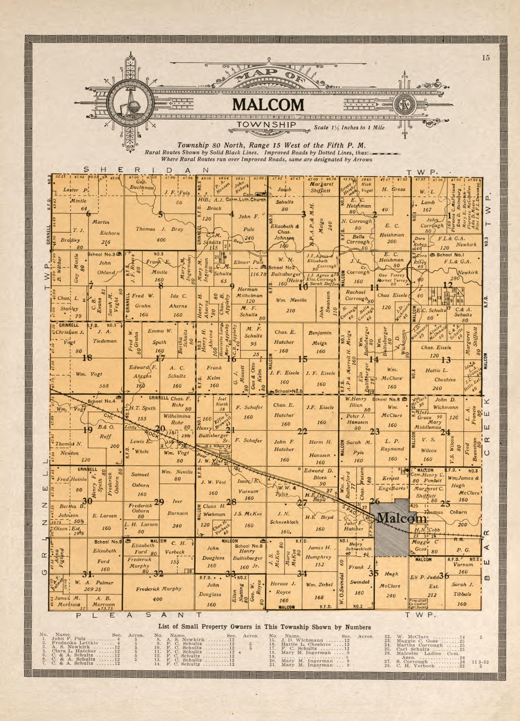 Malcom Township from Atlas and Plat Book of Poweshiek County, Iowa : Containing Outline Map of the County, Plats of All the Townships With Owners&