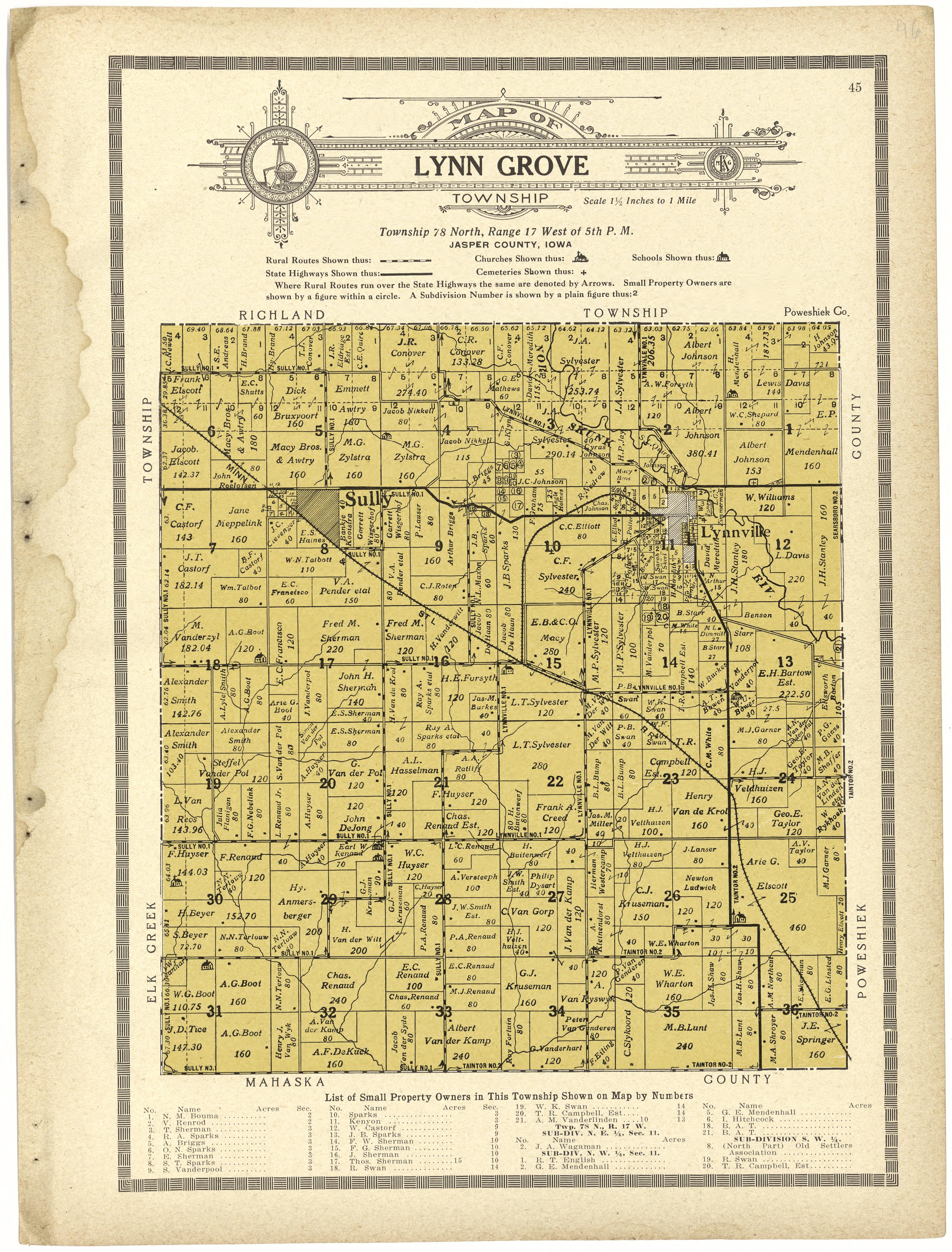 Map of Lynn Grove Township from Atlas and Plat Book of Jasper County, Iowa : Containing Outline Map of the County, Plats of All the Townships With Owners&