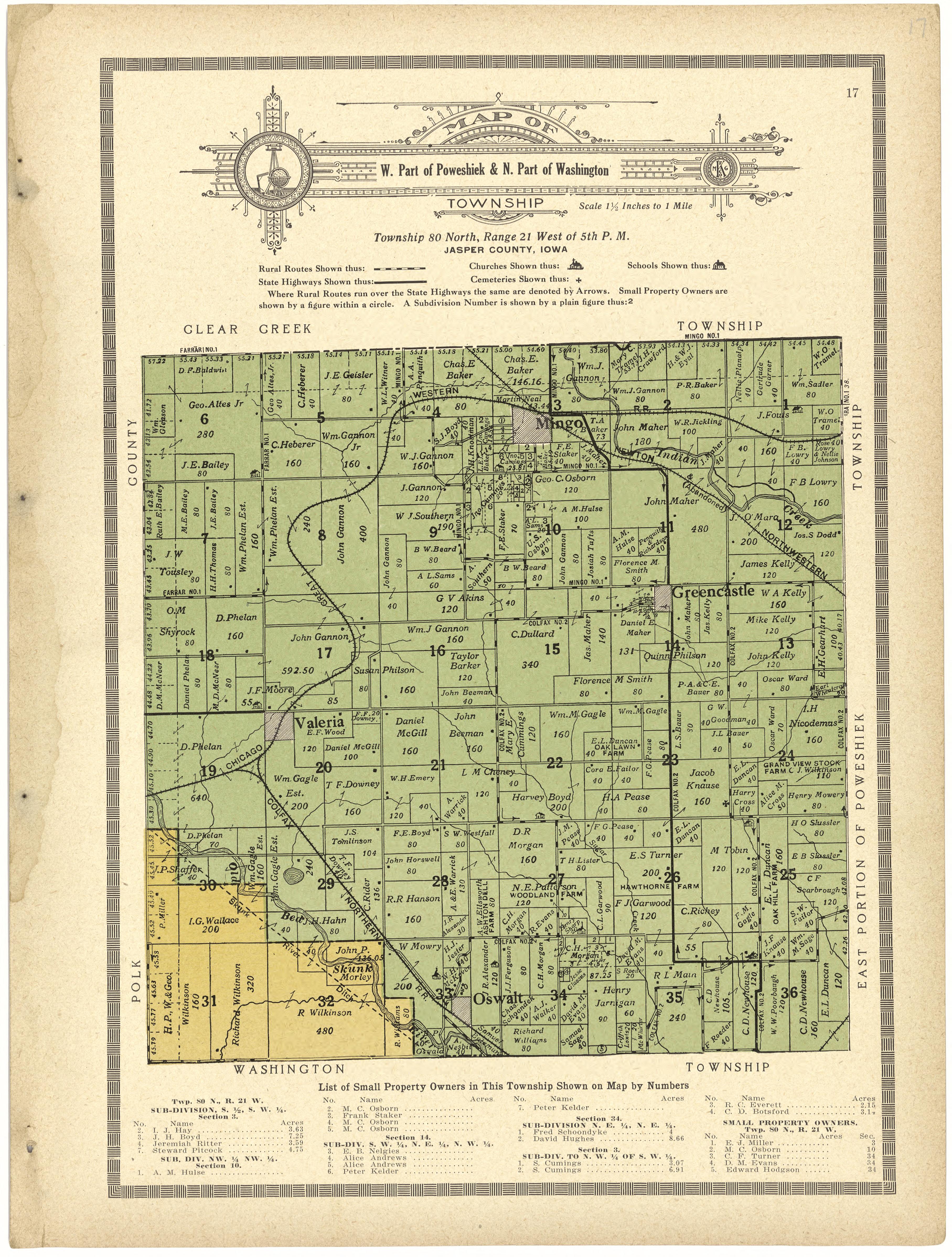 Map of W. Part of Poweshiek & N. Part of Washington Township from Atlas and Plat Book of Jasper County, Iowa : Containing Outline Map of the County, Plats of All the Townships With Owners&