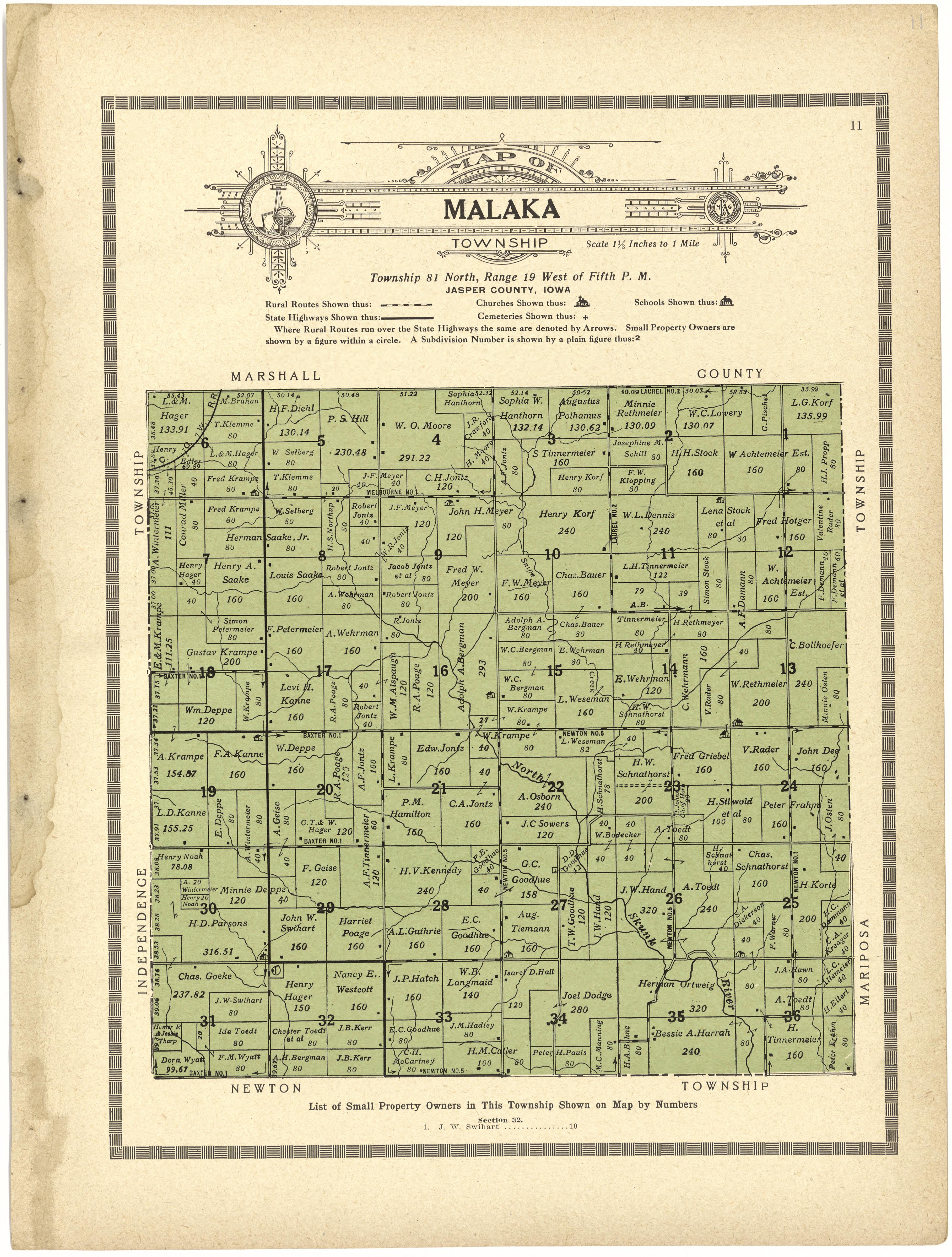 Map of Malaka Township from Atlas and Plat Book of Jasper County, Iowa : Containing Outline Map of the County, Plats of All the Townships With Owners&