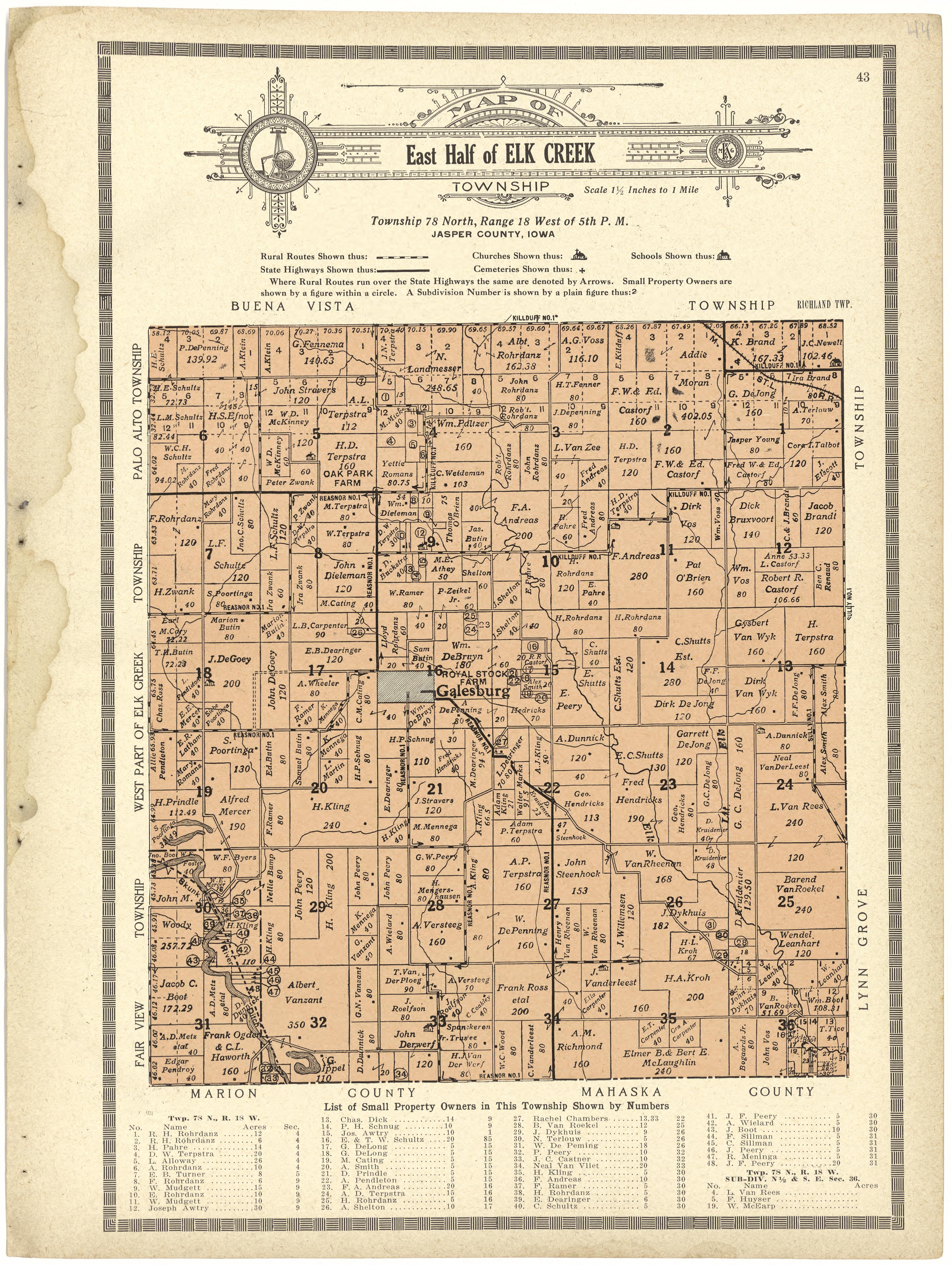 Map of East Half of Elk Creek Township from Atlas and Plat Book of Jasper County, Iowa : Containing Outline Map of the County, Plats of All the Townships With Owners&