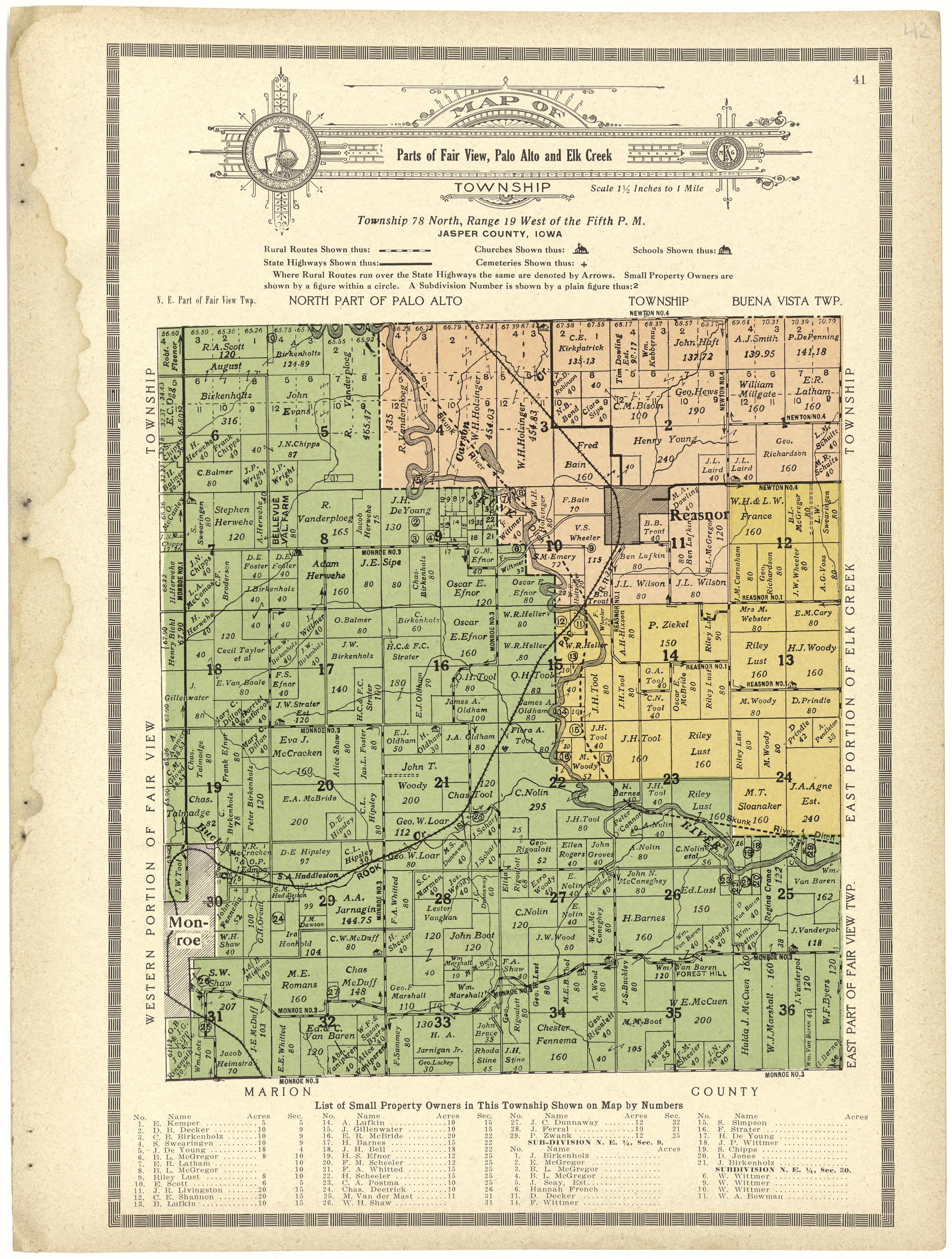 Map of Parts of Fair View, Palo Alto and Elk Creek Township from Atlas and Plat Book of Jasper County, Iowa : Containing Outline Map of the County, Plats of All the Townships With Owners&