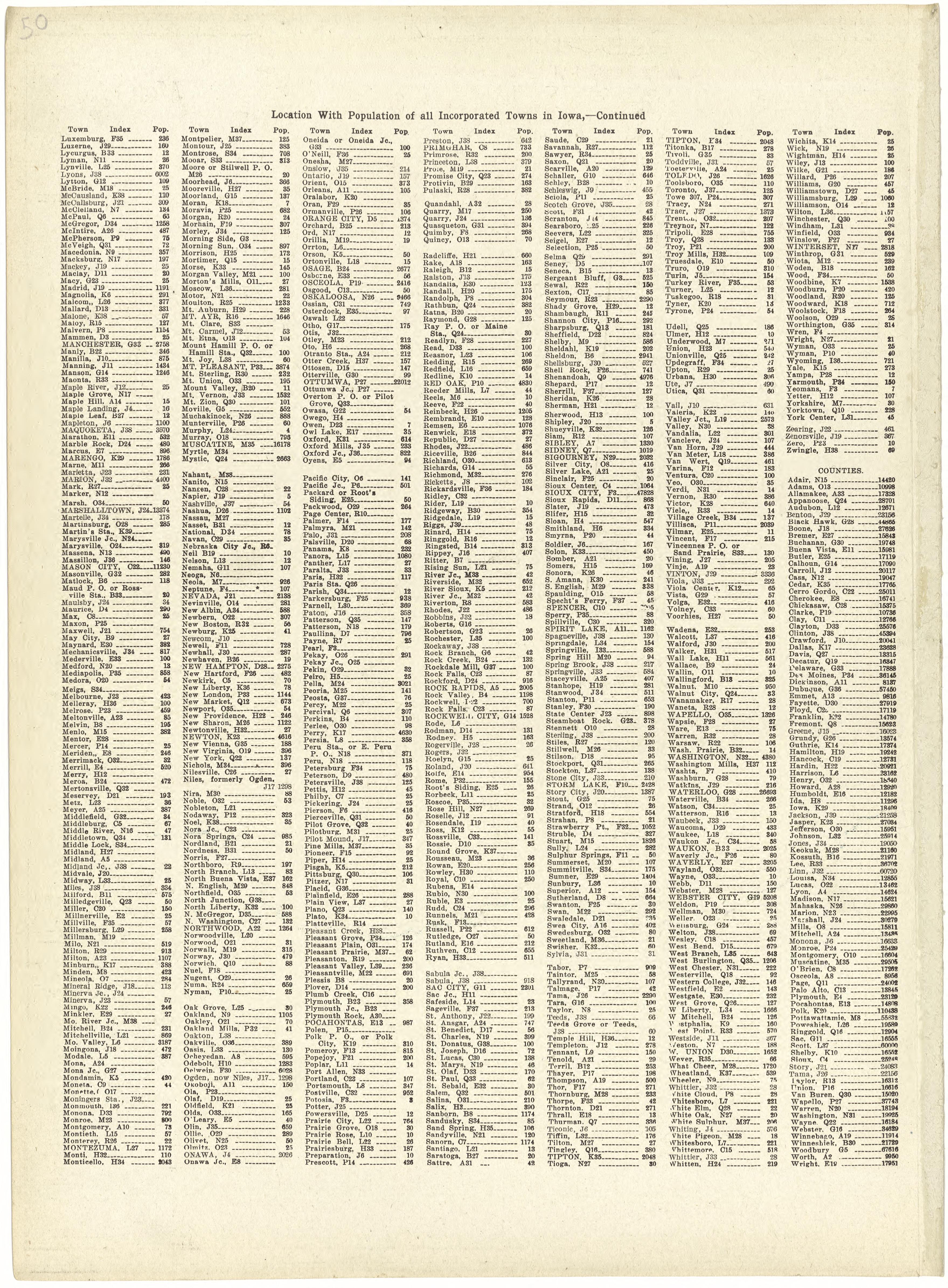 Location With Population of All Incorporated Towns In Iowa, - Continued from Atlas and Plat Book of Jasper County, Iowa : Containing Outline Map of the County, Plats of All the Townships With Owners&
