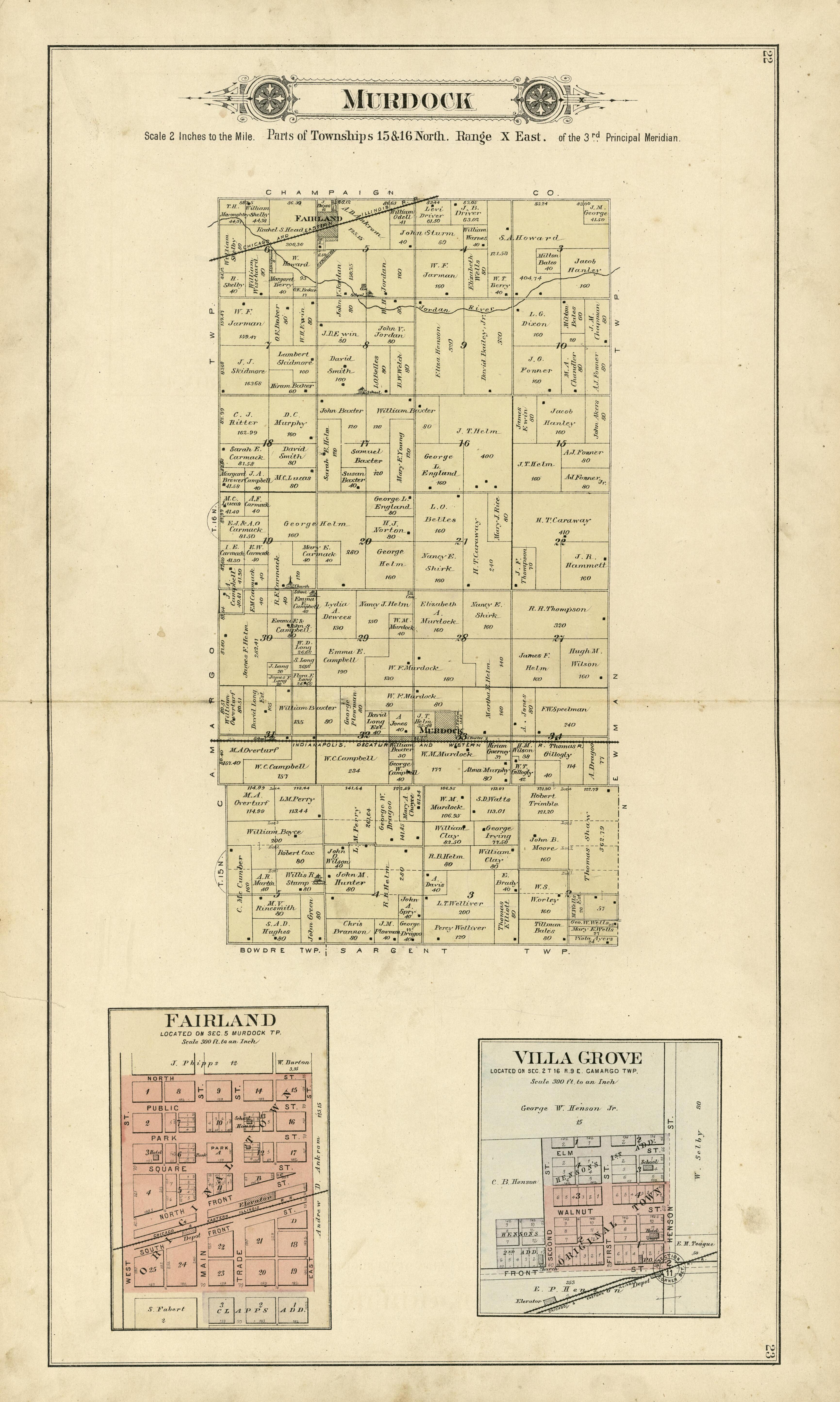 Murdok; Fairland; Villa Grove from Plat Book of Douglas County, Illinois 1893 by Relic Map Company