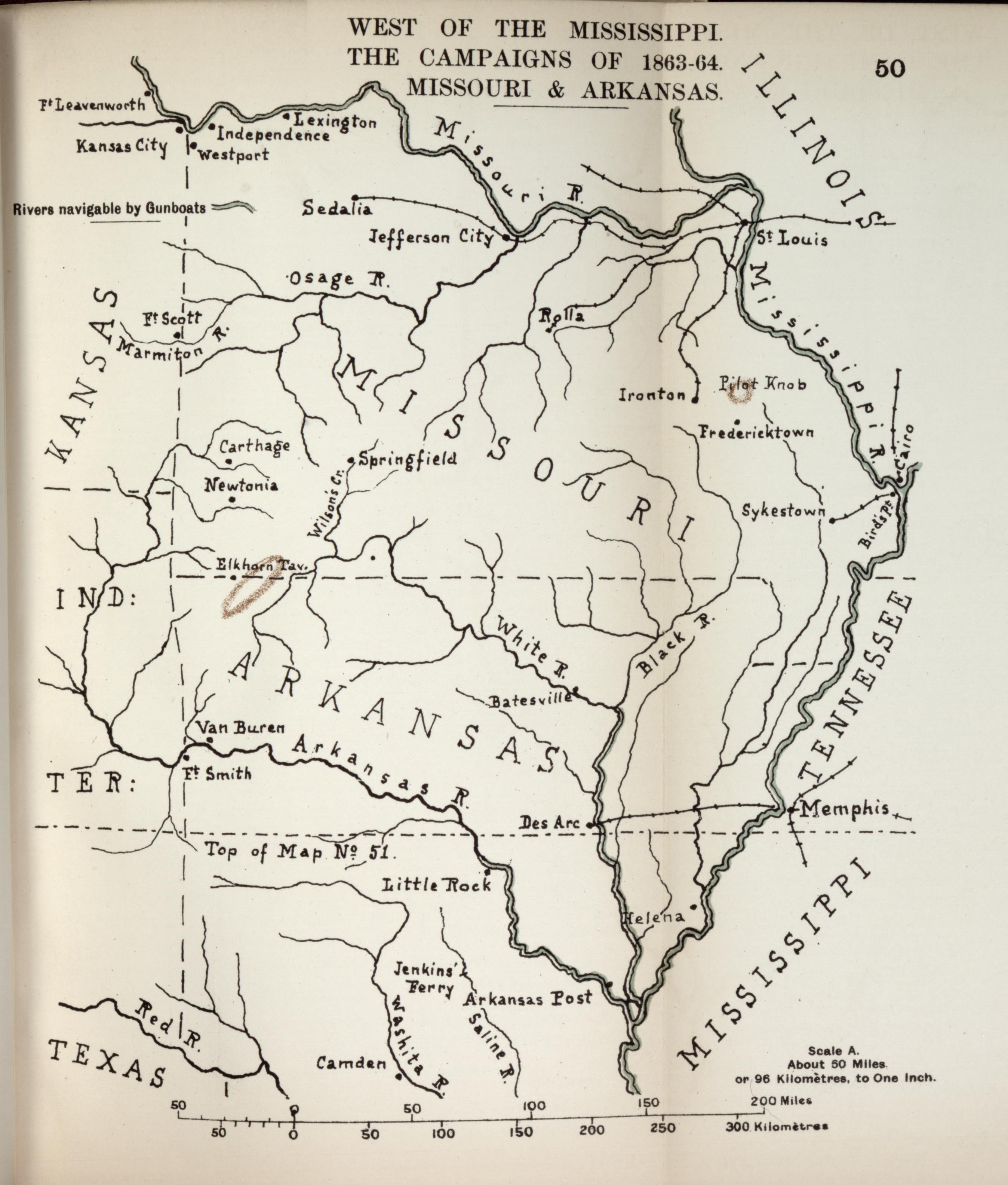 West of the Mississippi, Campaigns of 1863-1864, Missouri and Arkansas from the American Civil War--maps 1910 by Relic Map Company