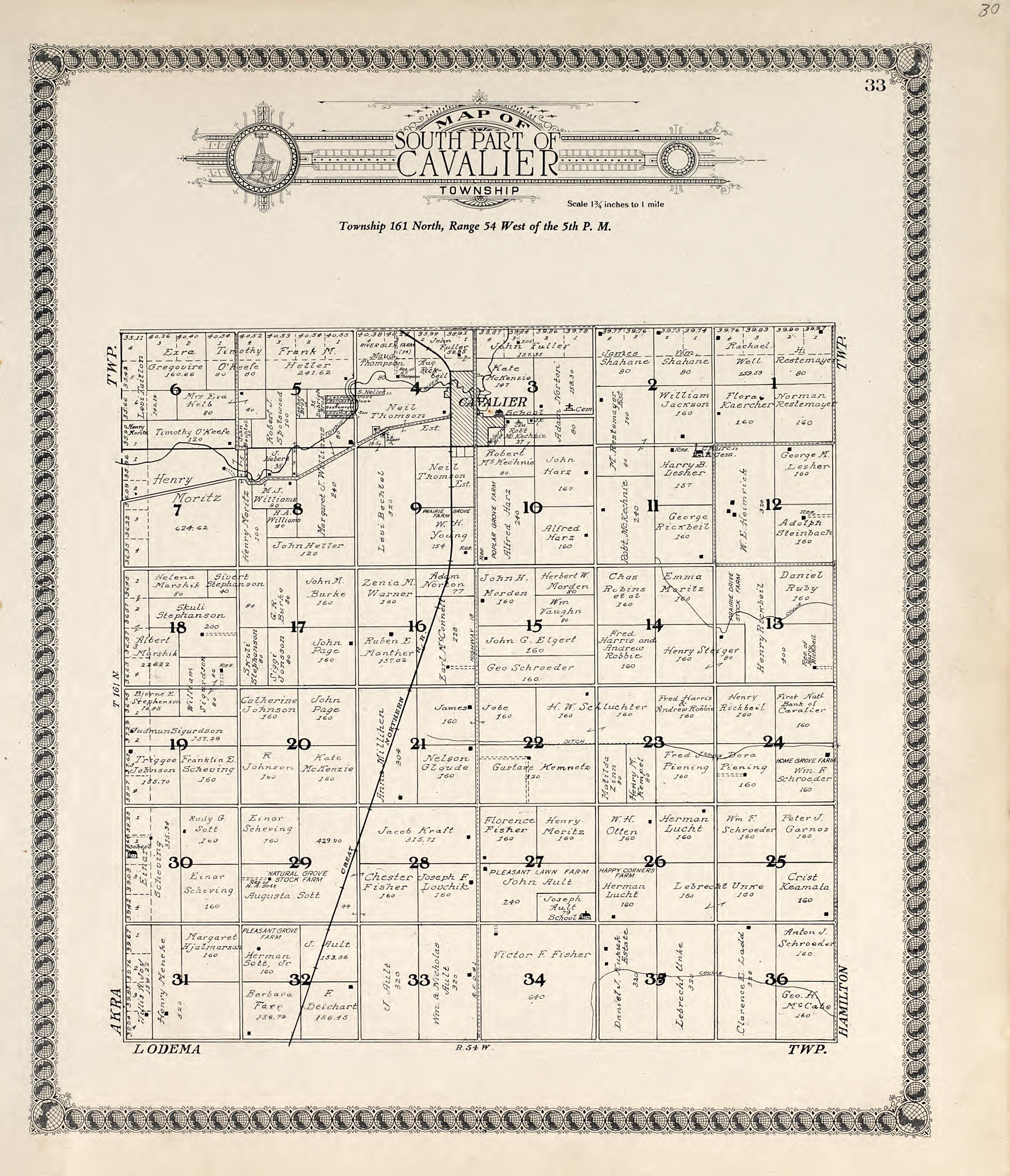 Map of South Part of Cavalier Township from Standard Atlas of Pembina County, North Dakota : Including a Plat Book of the Villages, Cities and Townships of the County, Map of the State, United States and World : Patrons Directory, … 1928 by Relic Map Company