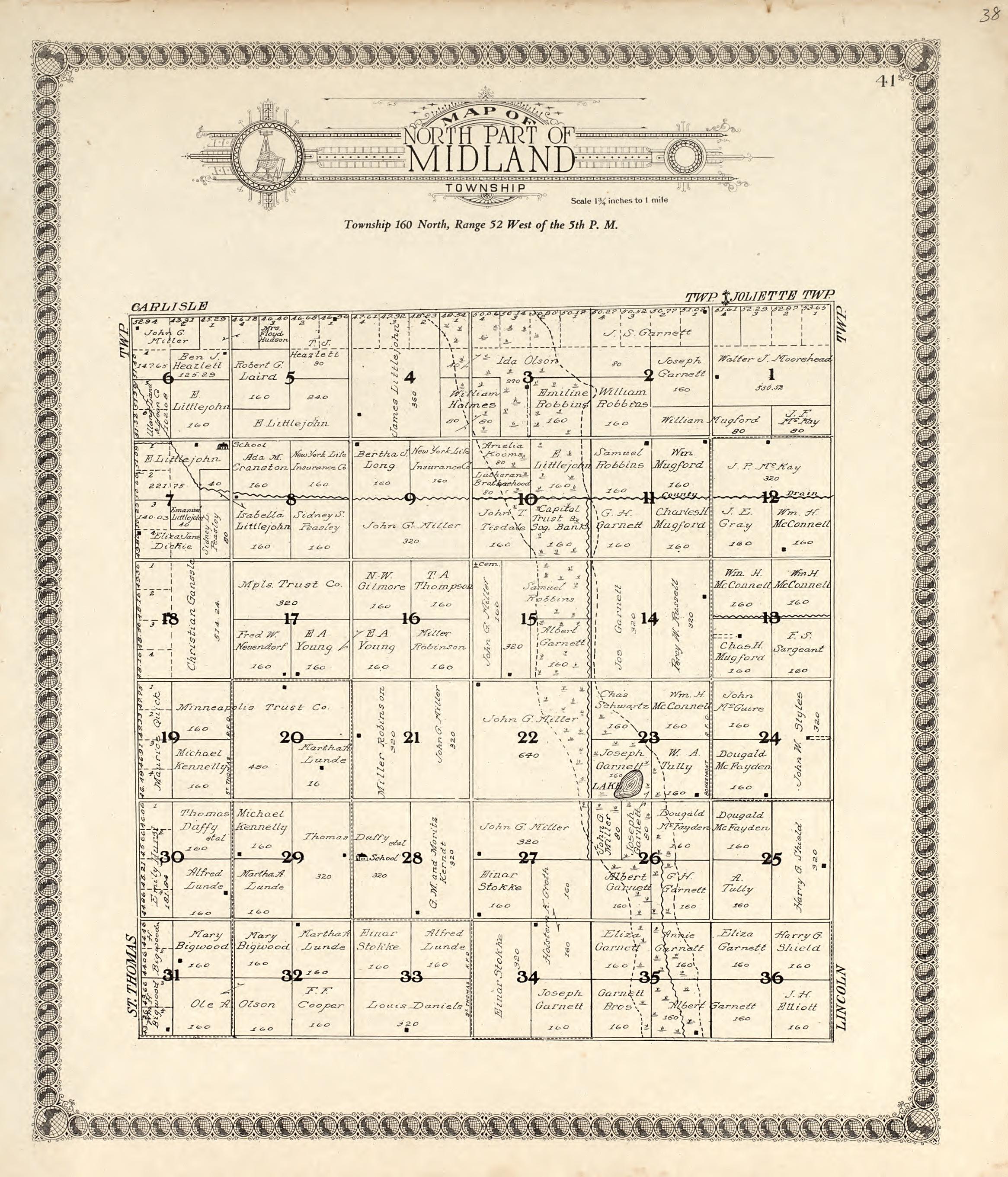 Map of North Part of Midland Township from Standard Atlas of Pembina County, North Dakota : Including a Plat Book of the Villages, Cities and Townships of the County, Map of the State, United States and World : Patrons Directory, … 1928 by Relic Map Company