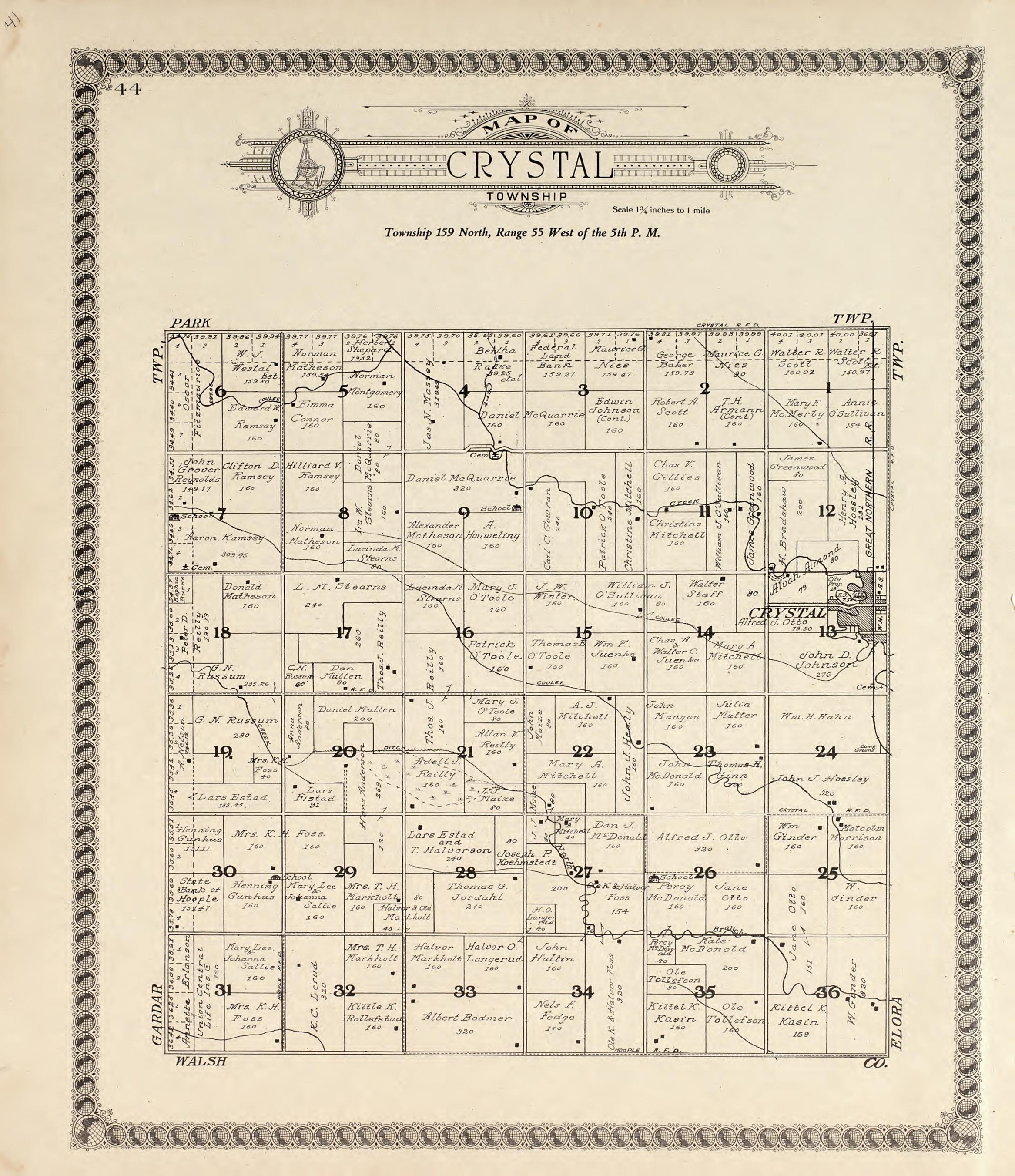 Map of Crystal TownshipMap of Flora Township from Standard Atlas of Pembina County, North Dakota : Including a Plat Book of the Villages, Cities and Townships of the County, Map of the State, United States and World : Patrons Directory, … 1928 by Relic Map Company