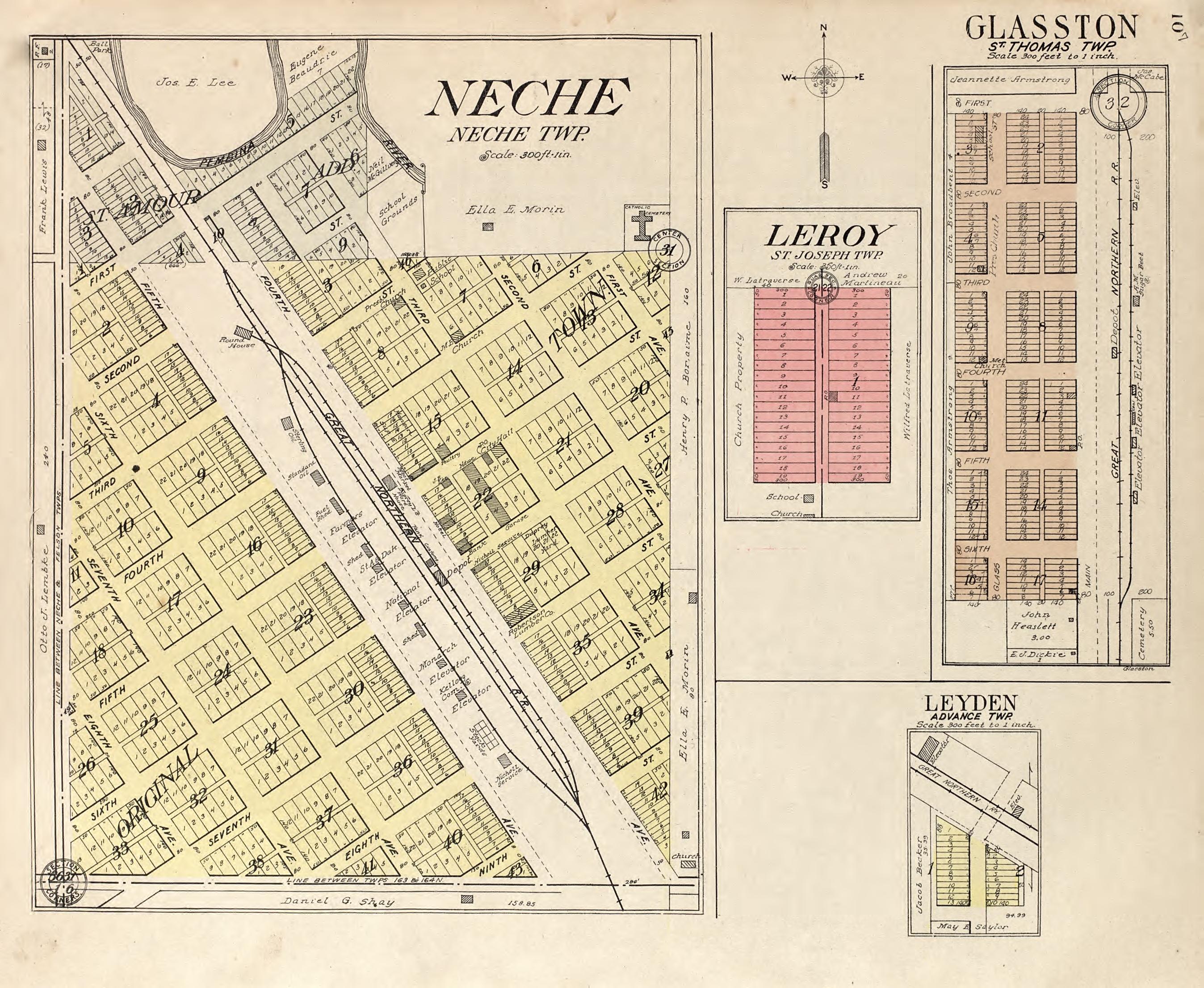 Neche, Neche Township; Leroy, St. Joseph Township; Glasston, St. Thomas Township; Leydon from Standard Atlas of Pembina County, North Dakota : Including a Plat Book of the Villages, Cities and Townships of the County, Map of the State, United States a... by Relic Map Company