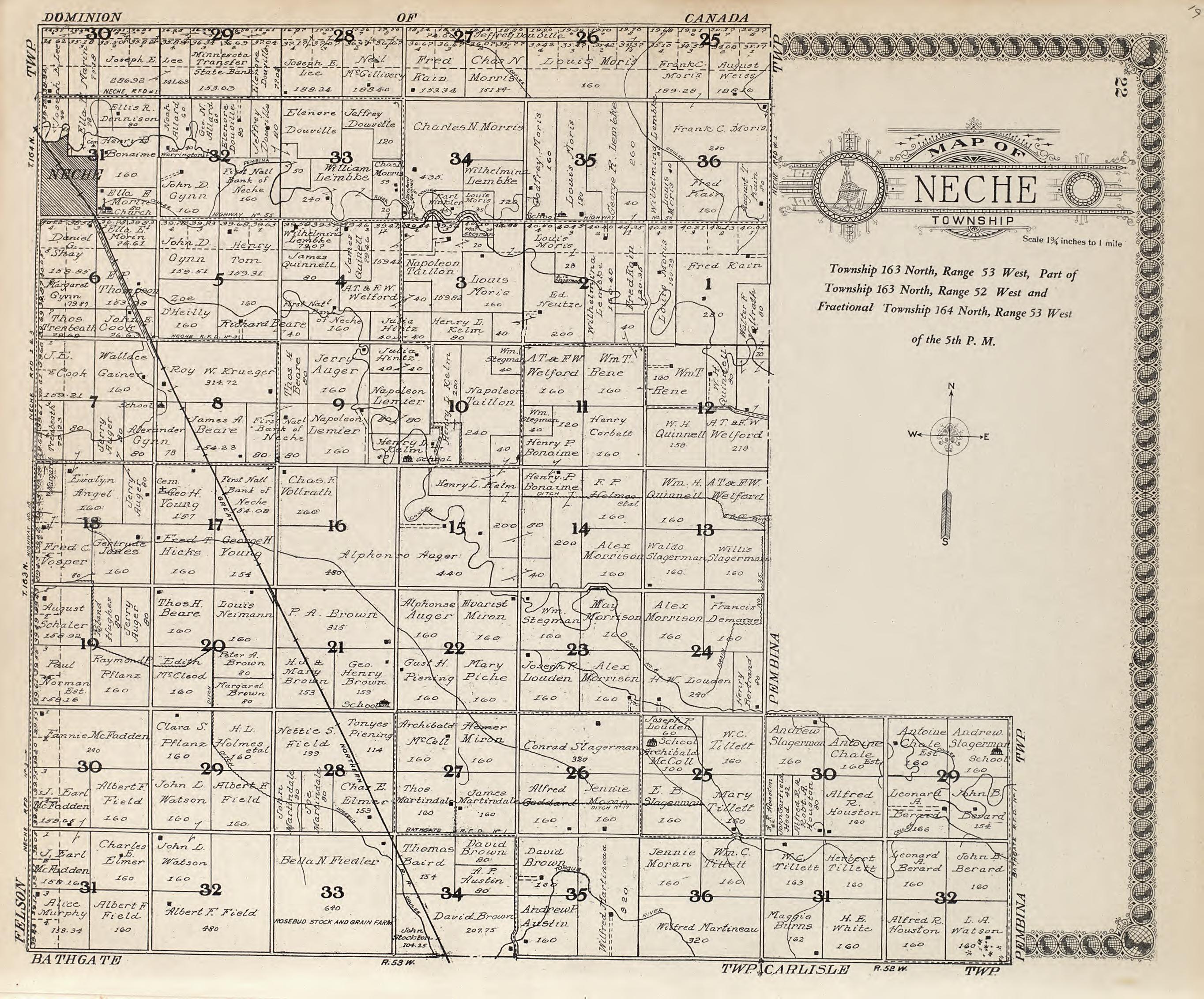 Map of Neche Township from Standard Atlas of Pembina County, North Dakota : Including a Plat Book of the Villages, Cities and Townships of the County, Map of the State, United States and World : Patrons Directory, … 1928 by Relic Map Company