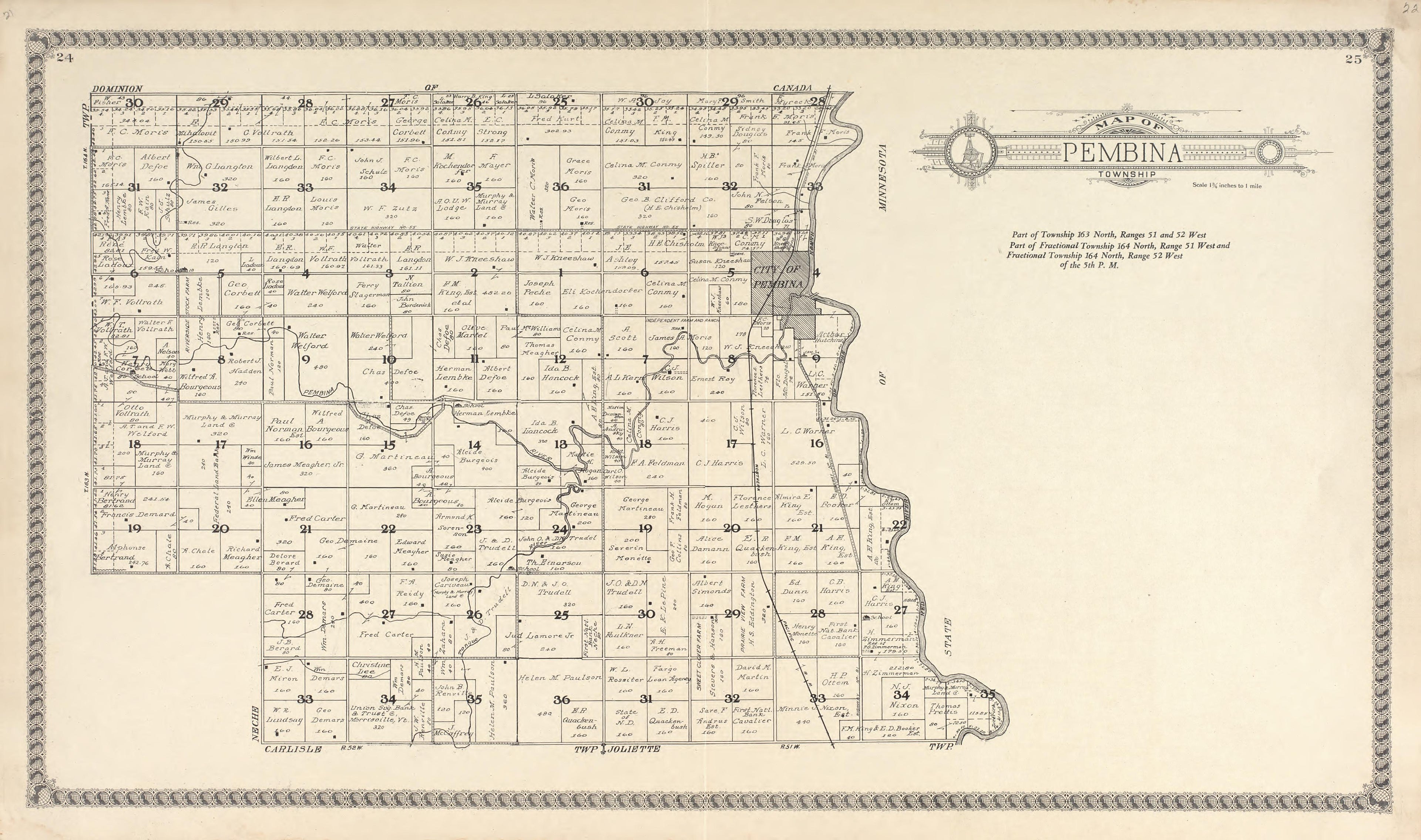 Map of Pembina Township from Standard Atlas of Pembina County, North Dakota : Including a Plat Book of the Villages, Cities and Townships of the County, Map of the State, United States and World : Patrons Directory, … 1928 by Relic Map Company