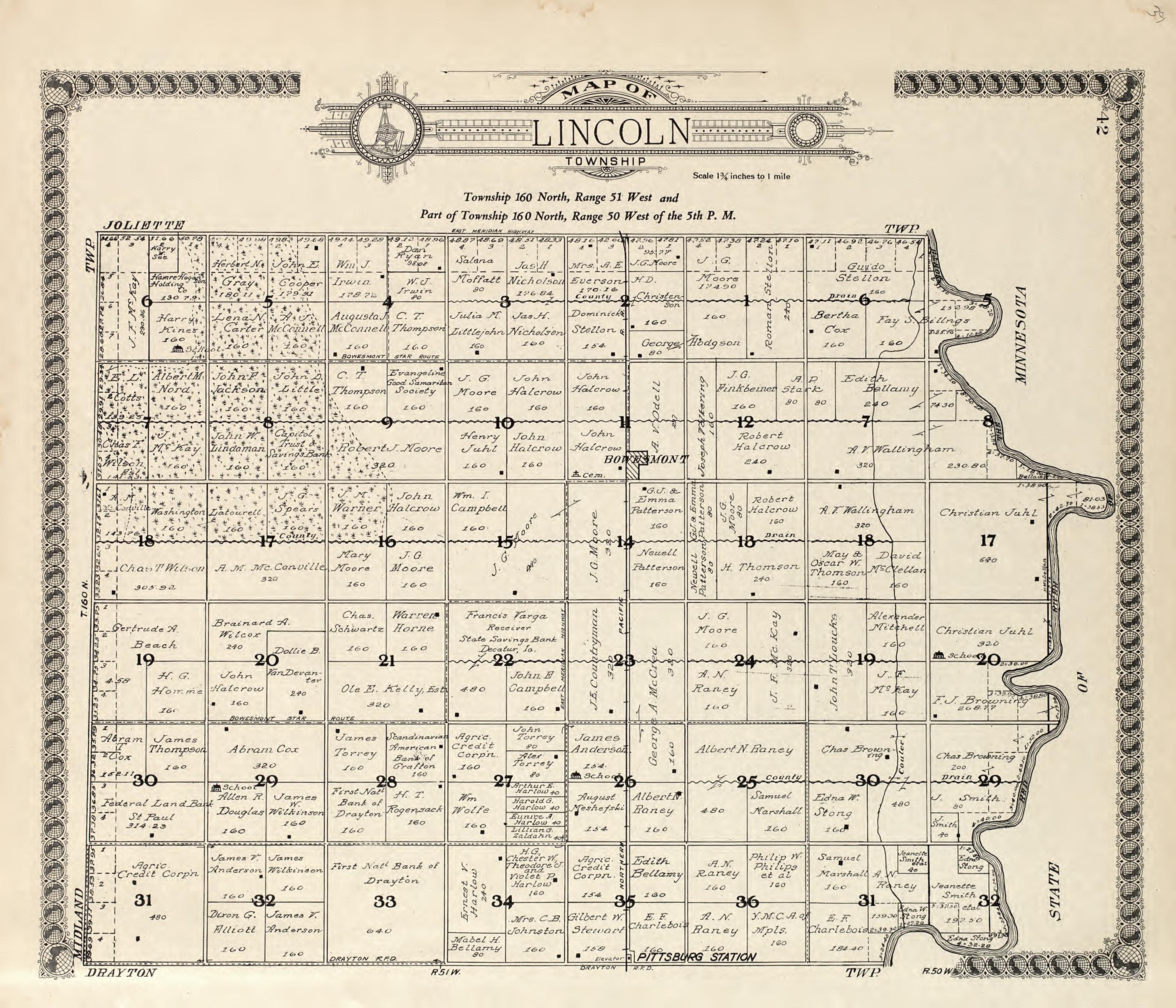 Map of Lincoln Township from Standard Atlas of Pembina County, North Dakota : Including a Plat Book of the Villages, Cities and Townships of the County, Map of the State, United States and World : Patrons Directory, … 1928 by Relic Map Company