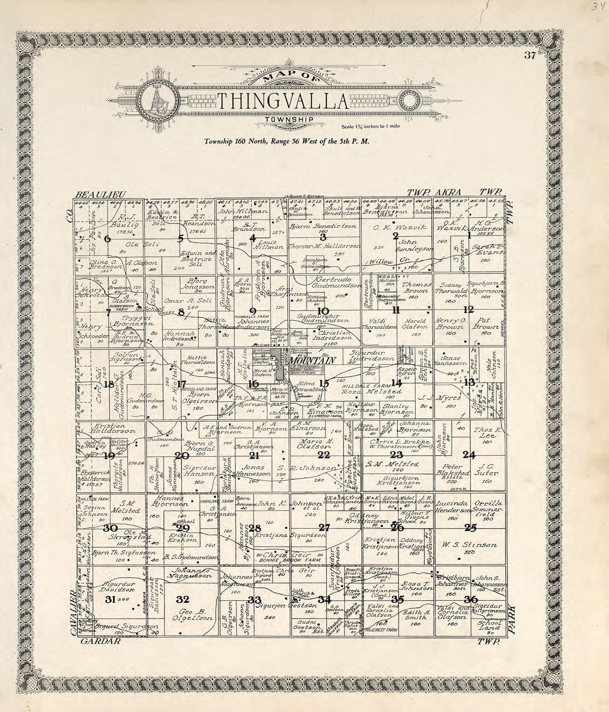 Map of Thingvalla Township from Standard Atlas of Pembina County, North Dakota : Including a Plat Book of the Villages, Cities and Townships of the County, Map of the State, United States and World : Patrons Directory, … 1928 by Relic Map Company