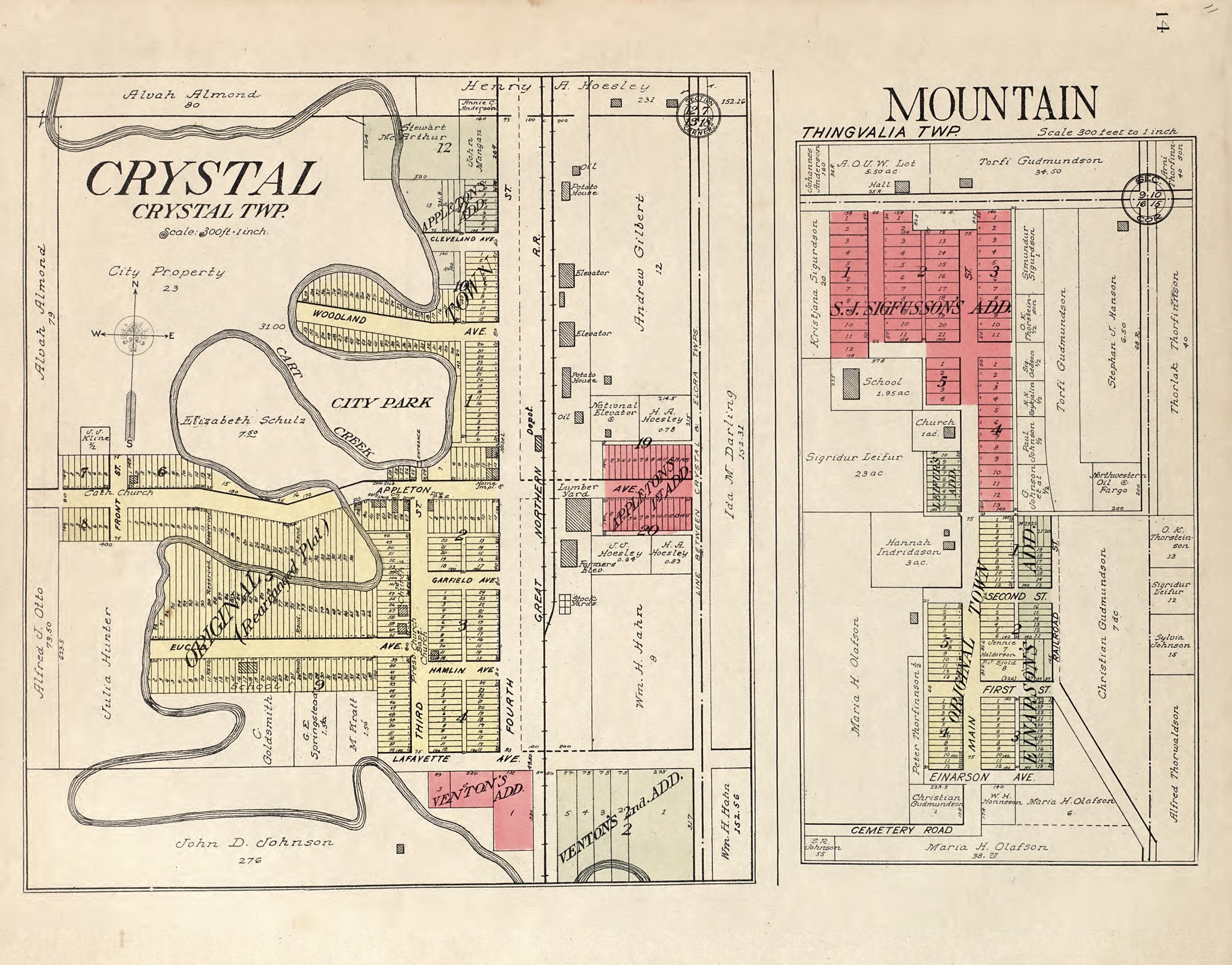 Crystal, Crystal Township; Mountain, Thingvalia Township from Standard Atlas of Pembina County, North Dakota : Including a Plat Book of the Villages, Cities and Townships of the County, Map of the State, United States and World : Patrons Directory, �... by Relic Map Company