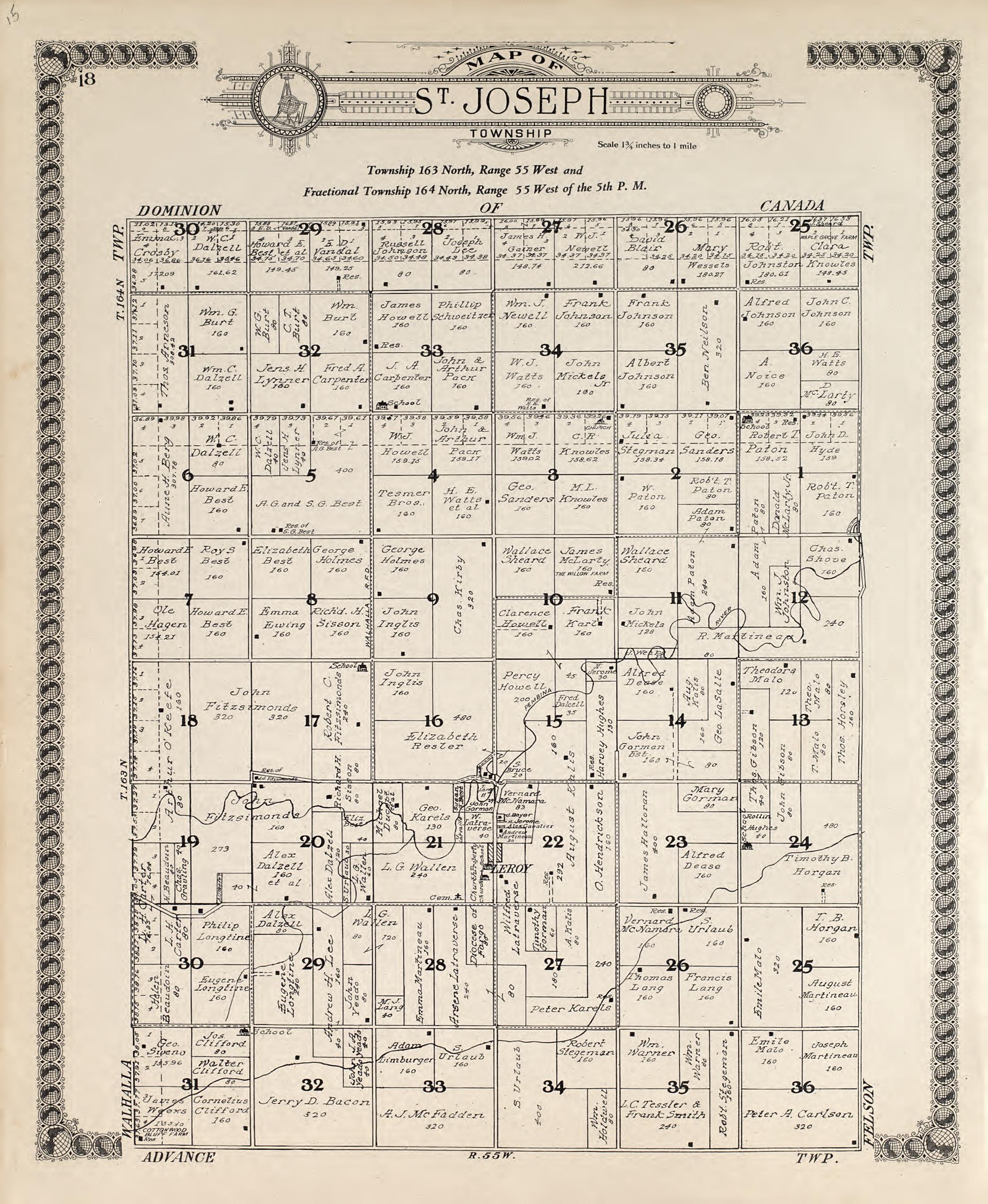 Map of St. Joseph Township from Standard Atlas of Pembina County, North Dakota : Including a Plat Book of the Villages, Cities and Townships of the County, Map of the State, United States and World : Patrons Directory, … 1928 by Relic Map Company